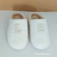 Bling Letter Slippers -  Ivory & tan with pearl rhinestone initials