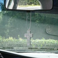 Glitter Car Cross For Rearview Mirror - Super Sparkling Silver Octagon/Prisma Glitter w/ Metallic Silver Cord