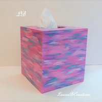 Abstract Tissue Box Cover - Original Handpainted in Shades of Pink,Purple,Teal,One Of A Kind Square Tissue Holder