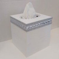Bling Tissue Box Cover-Handpainted Metallic Silver or Variety of Colors-w/Clear Rhinestones and Silver Diamond Wrap
