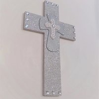 Silver Glitter & Bling Wall Cross - Sparkling Silver Prisma Glitter w/Silver and White Clear Rhinestone Center Crosses - 14" x 9"