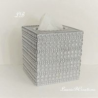 Bling Jeweled Flower & Diamond Wrap Tissue Box Cover-Handpainted w/Sparkling Silver Circle Flower Shaped Diamond Wrap