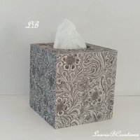 Floral Textured Tissue Box Cover- Embossed vinyl flower and swirl leaf design square tissue holder, home, bath