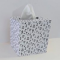 Musical Notes Tissue Box Cover - Black and White Decoupage Square Wood Tissue Holder