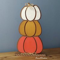 Stacked Wood Pumpkins - Handpainted Fall decor in brown with colorful sparkling pumpkins, Thanksgiving
