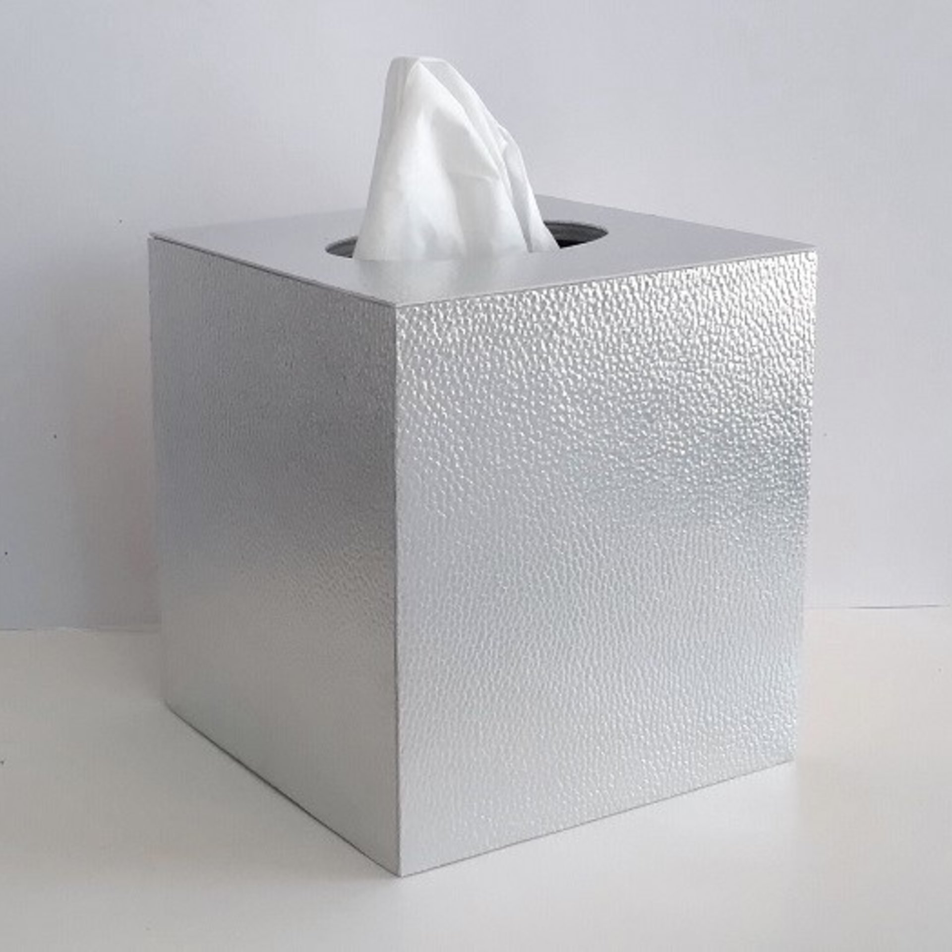 Metallic Silver Tissue Box Cover - Textured vinyl square tissue holder, faux leather 