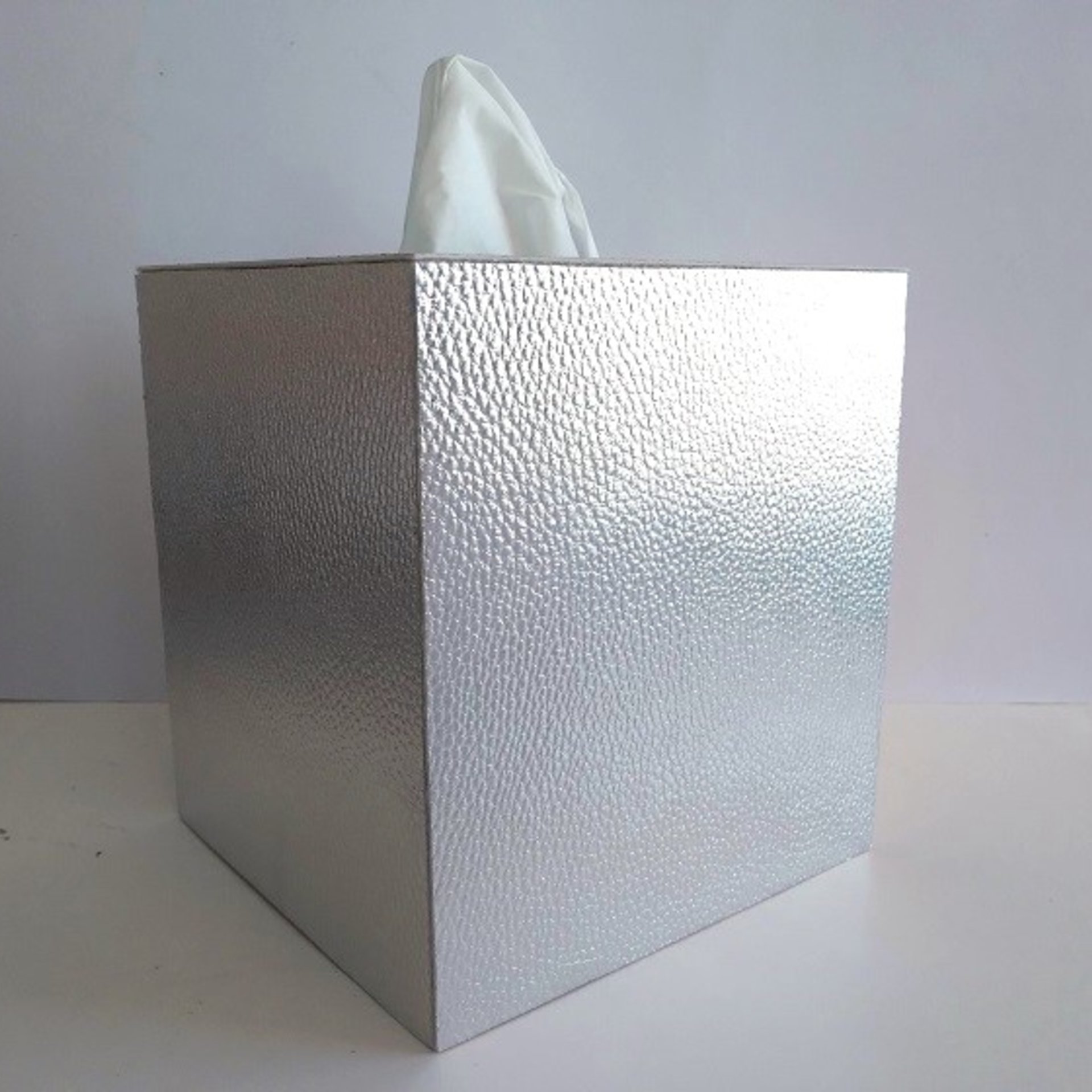 Metallic Silver Tissue Box Cover - Textured vinyl square tissue holder, faux leather 