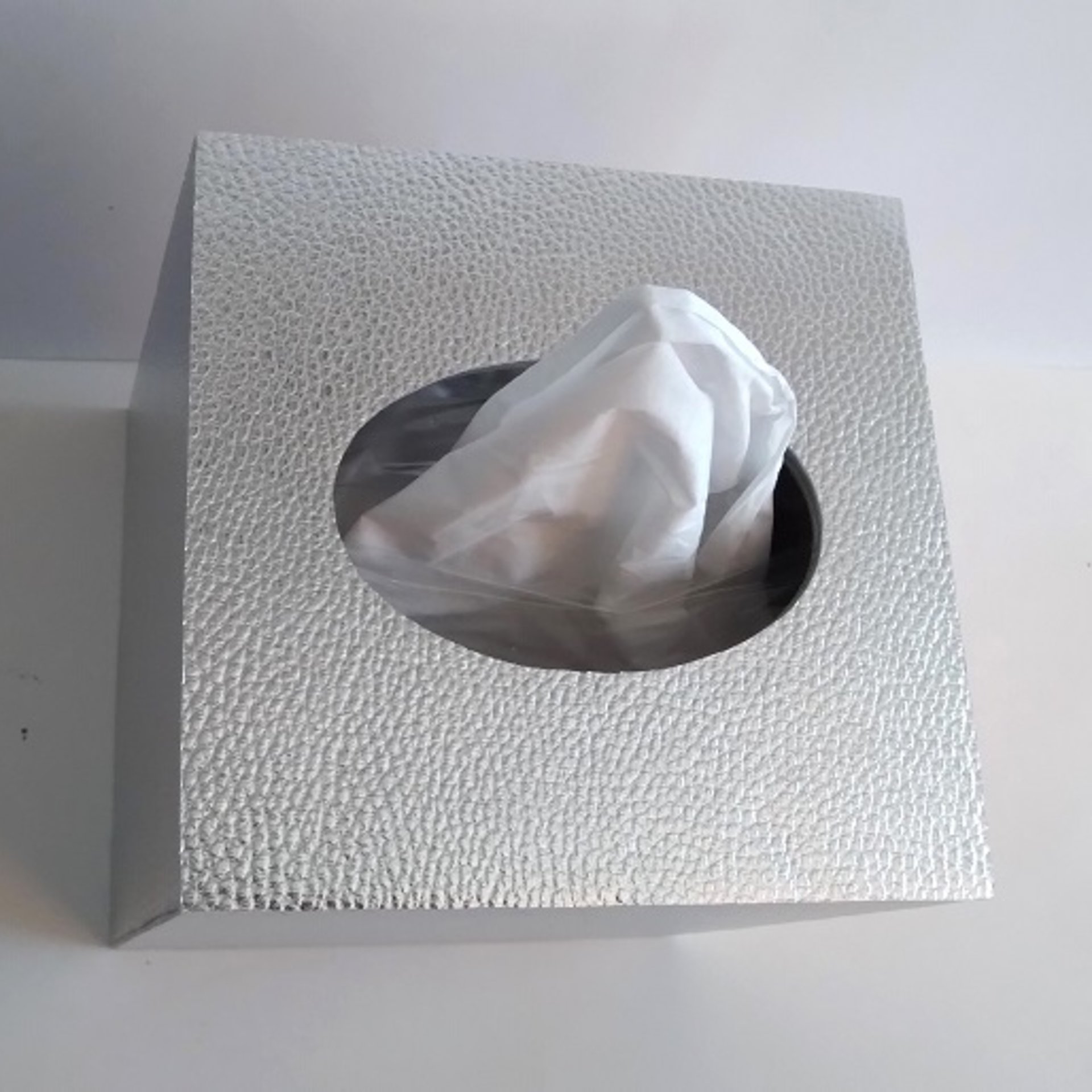 Metallic Silver Tissue Box Cover - Textured vinyl square tissue holder, faux leather 