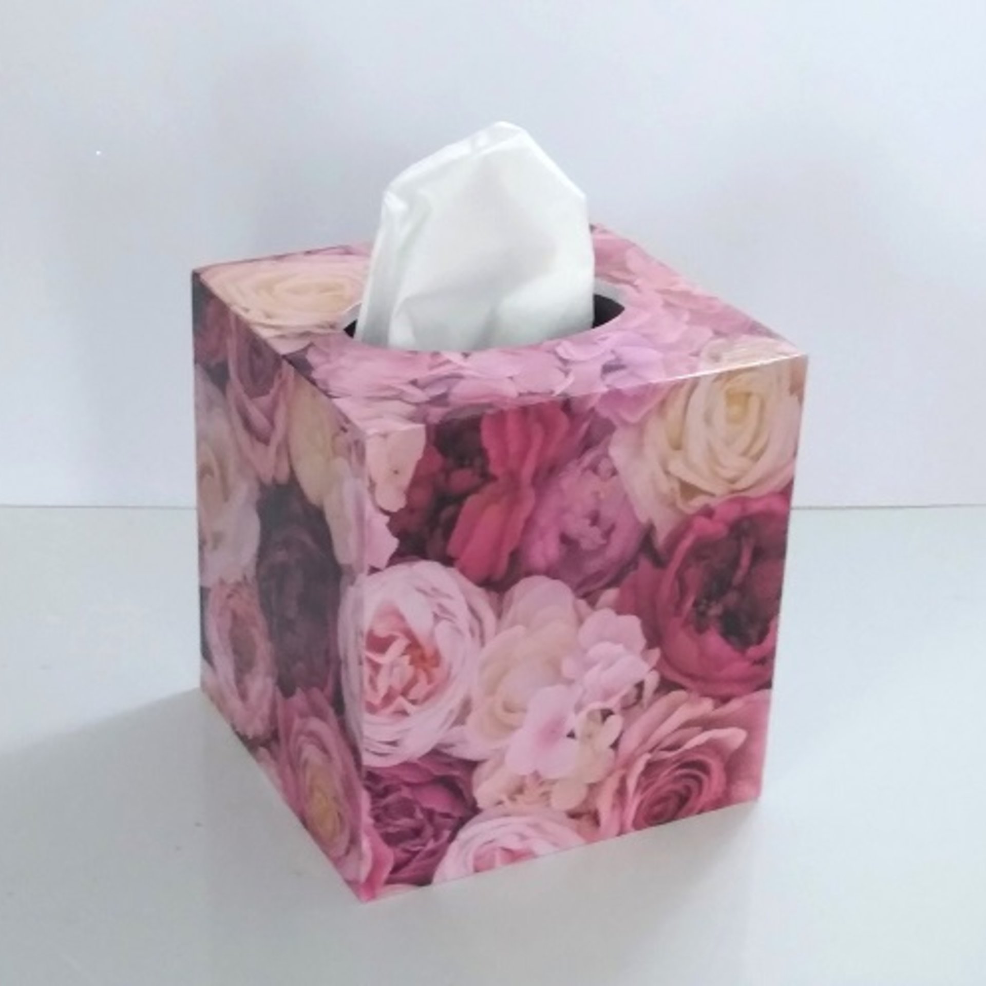 Pink Roses Tissue Box Cover - Floral Decoupage Square Tissue Holder