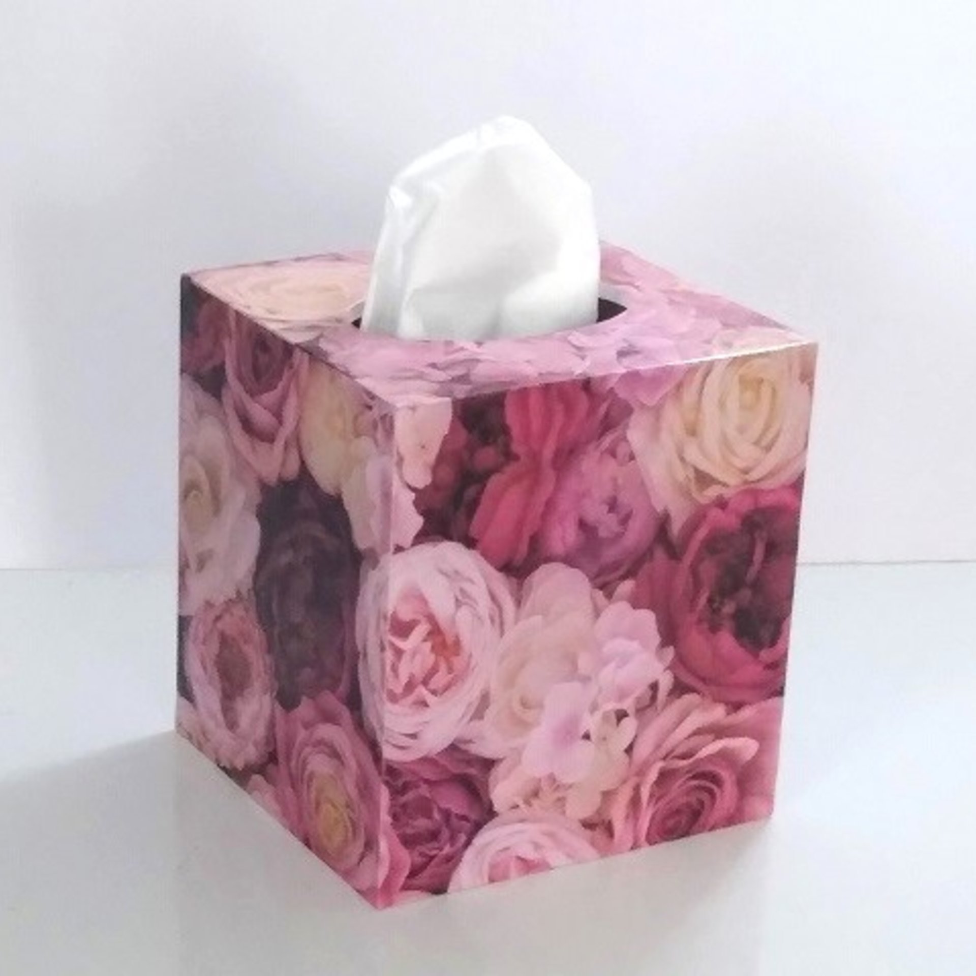 Pink Roses Tissue Box Cover - Floral Decoupage Square Tissue Holder