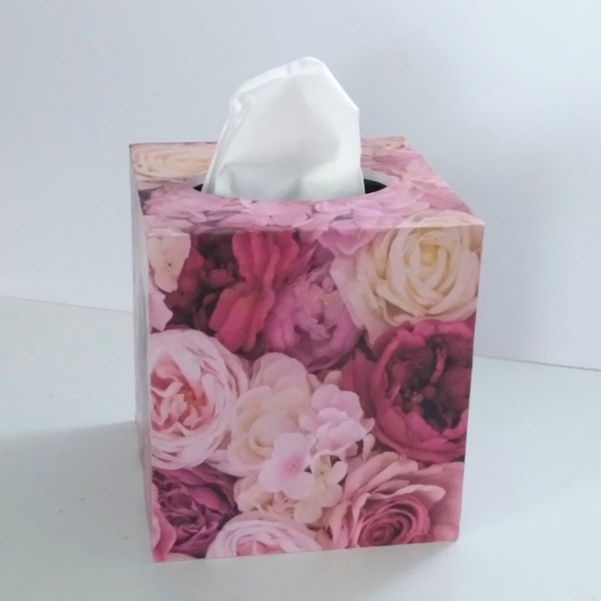 Pink Roses Tissue Box Cover - Floral Decoupage Square Tissue Holder
