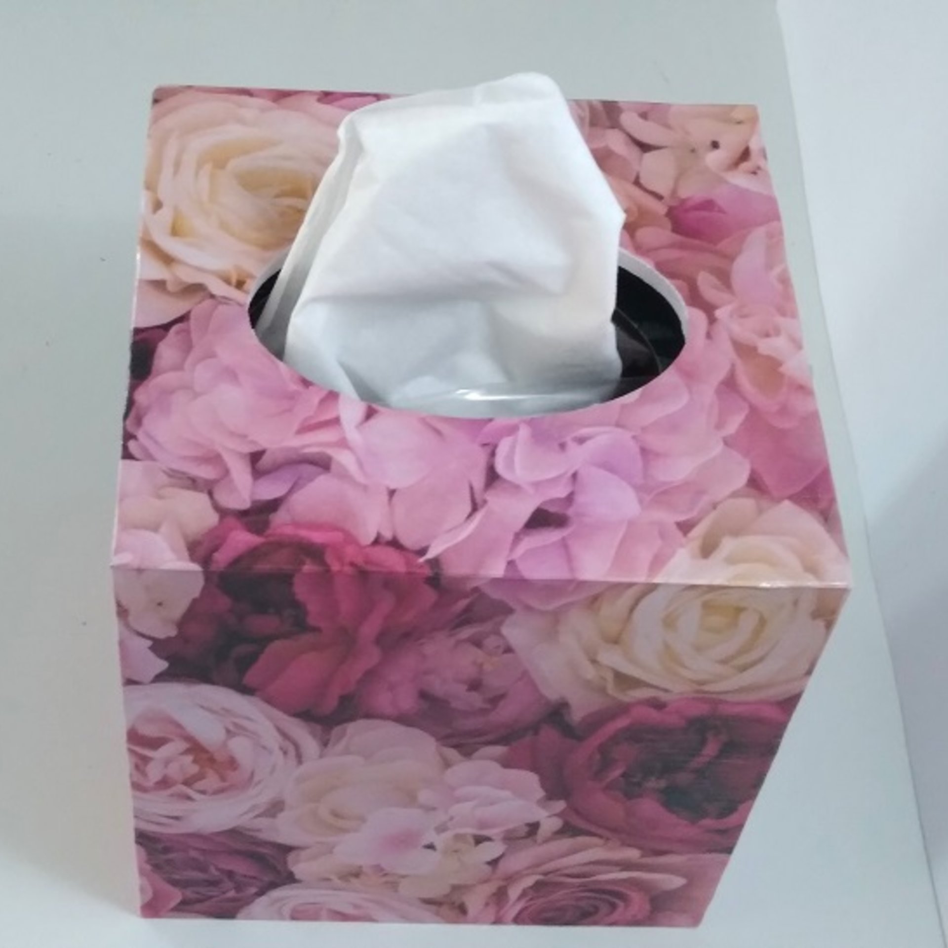 Pink Roses Tissue Box Cover - Floral Decoupage Square Tissue Holder