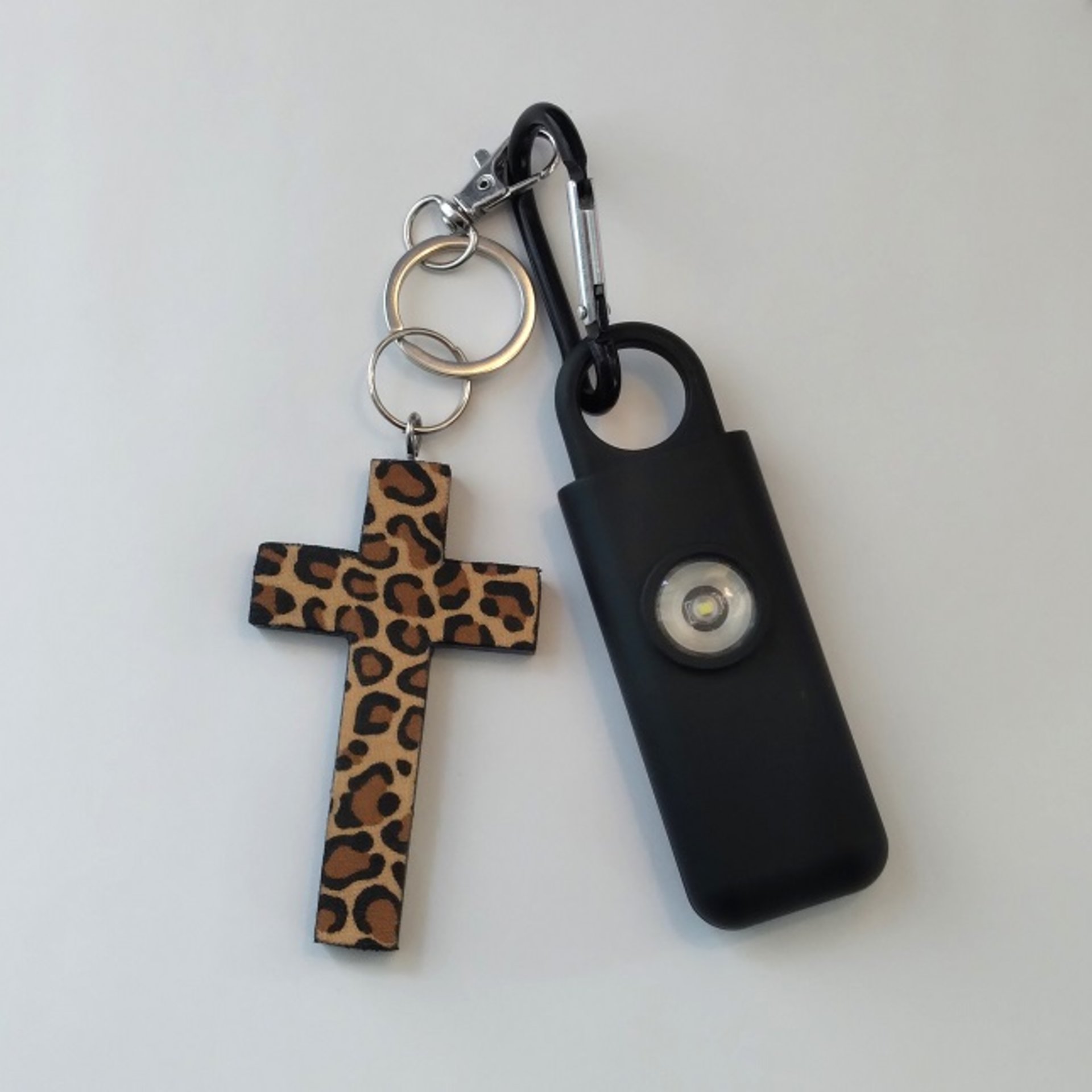 Cheetah Cross & Alarm Keychain Safety Set-130 Decibel Alarm w/ Strobe Light and Handmade Cheetah/Leopard Cross or Purse Charm
