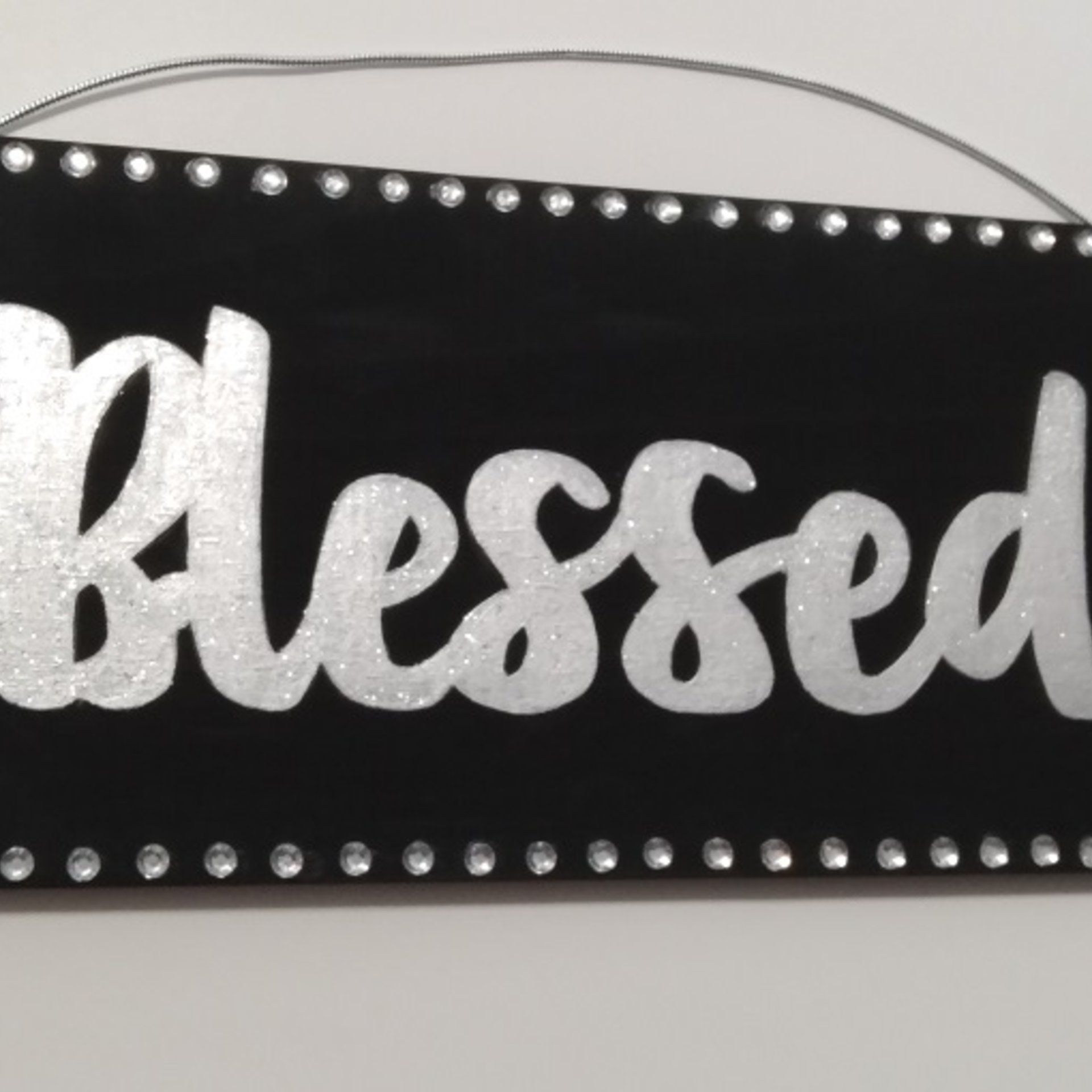 Bling Blessed Wall Sign - Handpainted Black with metallic silver, fine glitter blessed word and clear rhinestones