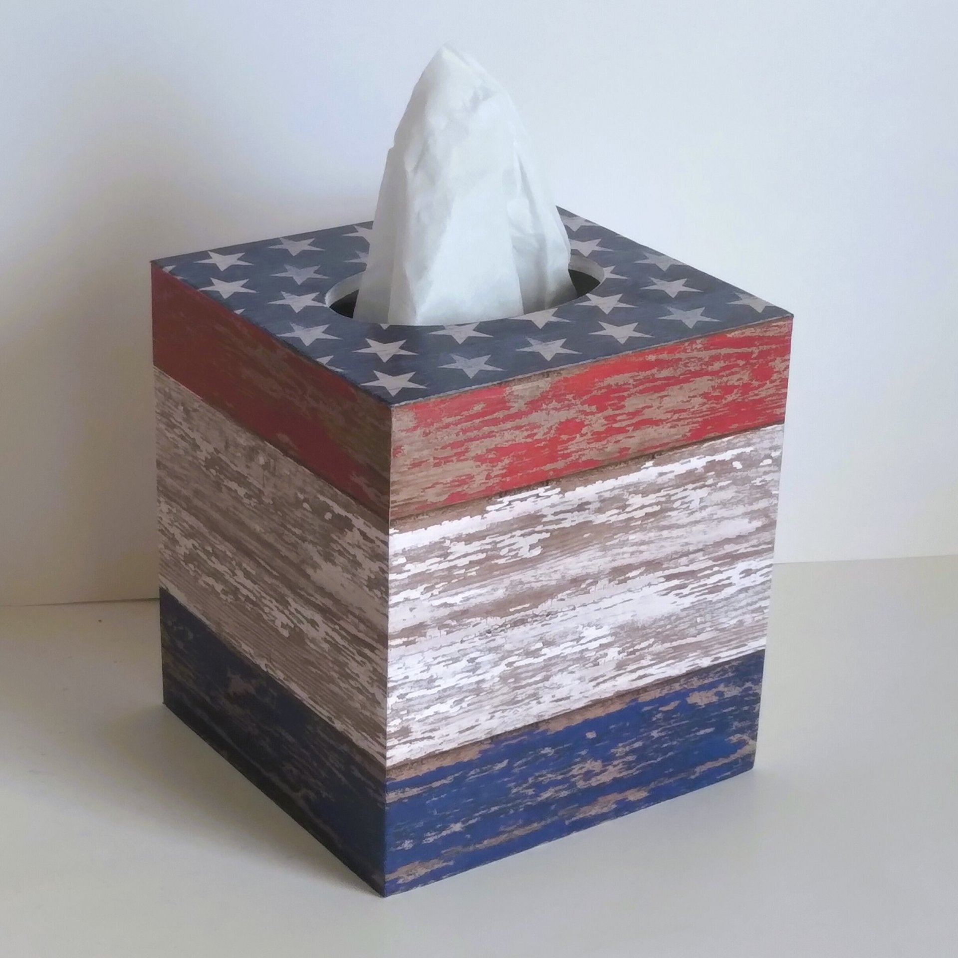 Patriotic Tissue Box Cover - Decoupage red, white and blue woodgrain design with stars