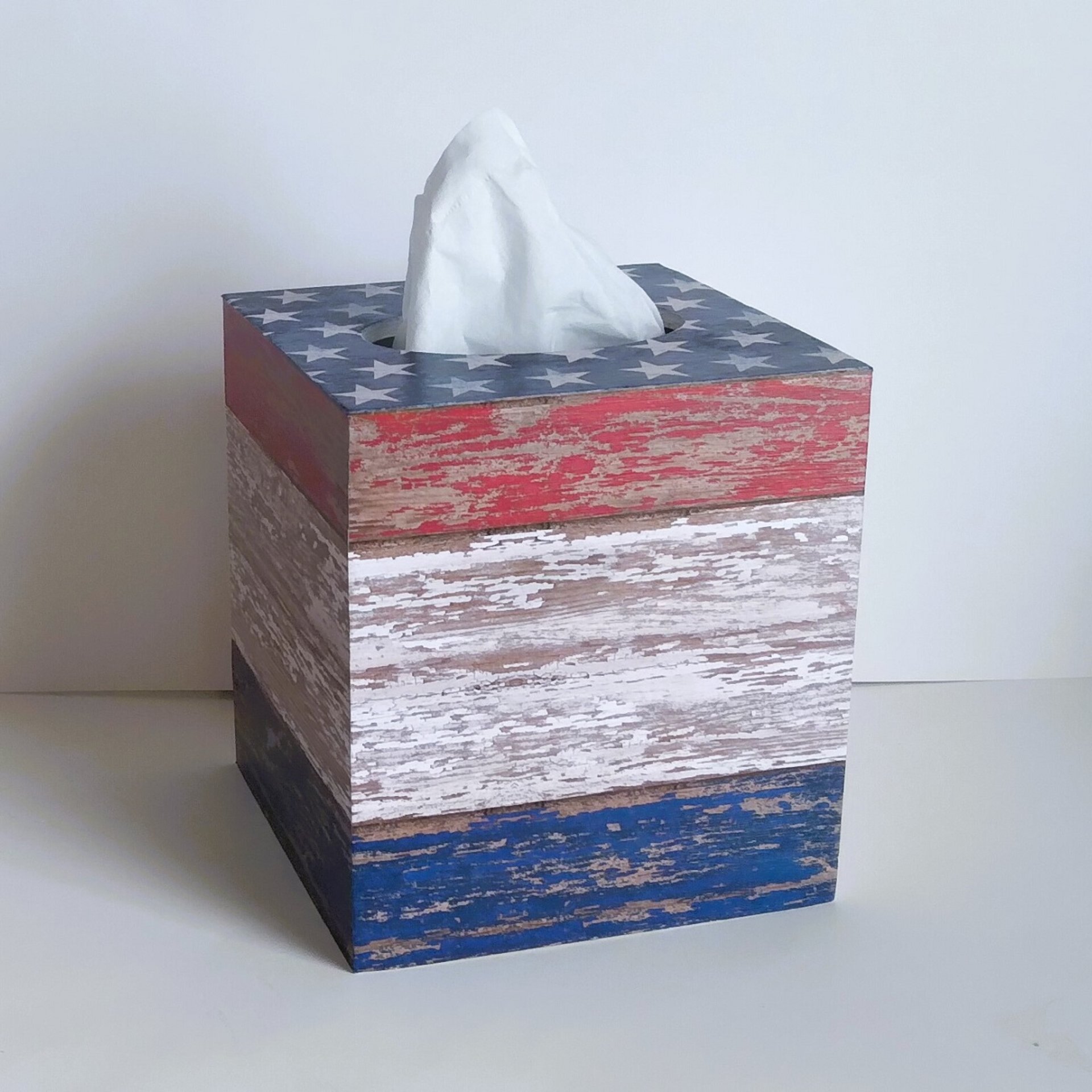 Patriotic Tissue Box Cover - Decoupage red, white and blue woodgrain design with stars