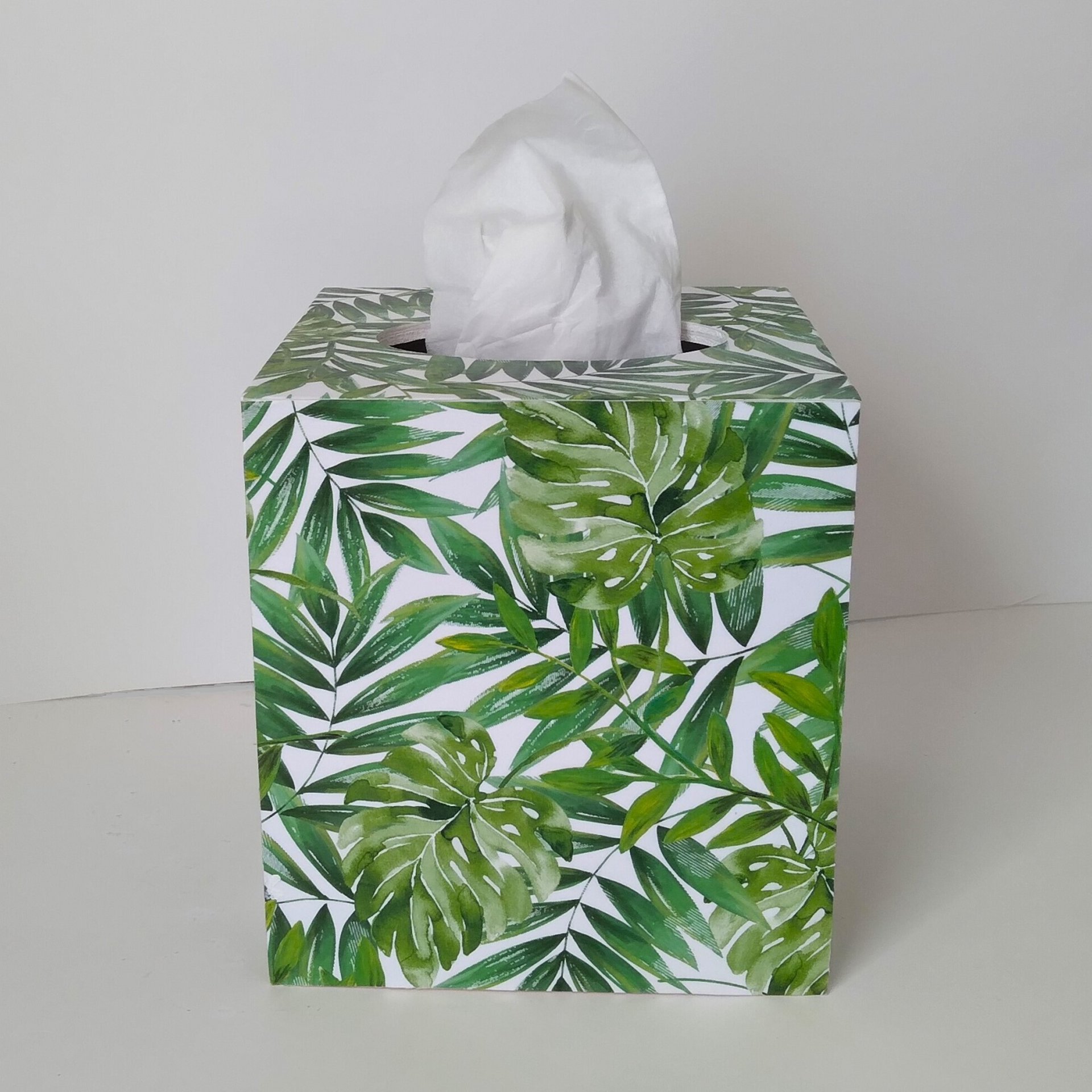 Tropical Palm Tissue Box Cover- Decoupage with green leaves on white background