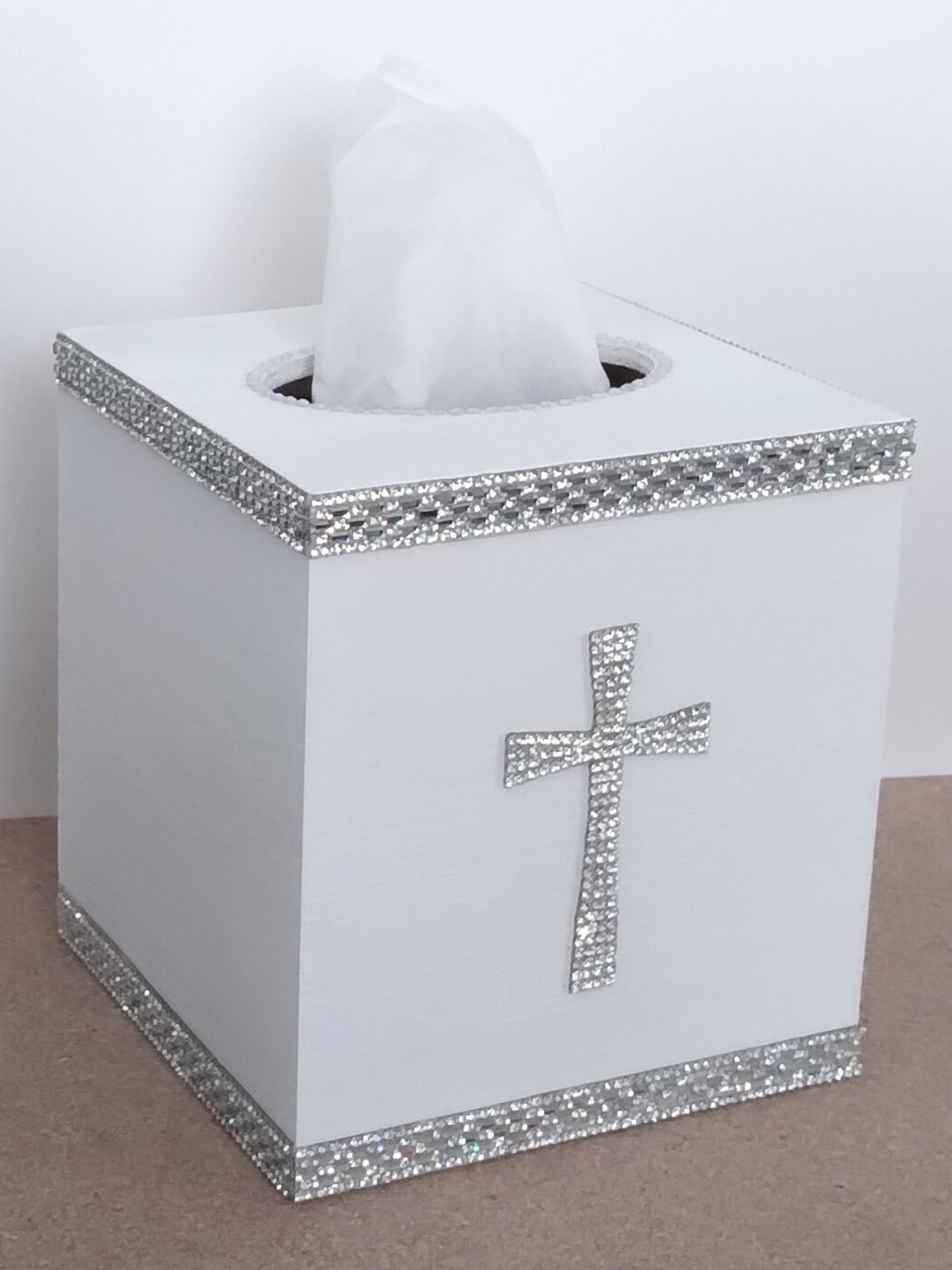 Bling Cross Tissue Box Cover - Handpainted with crystal rhinestone cross and crystal glass trim