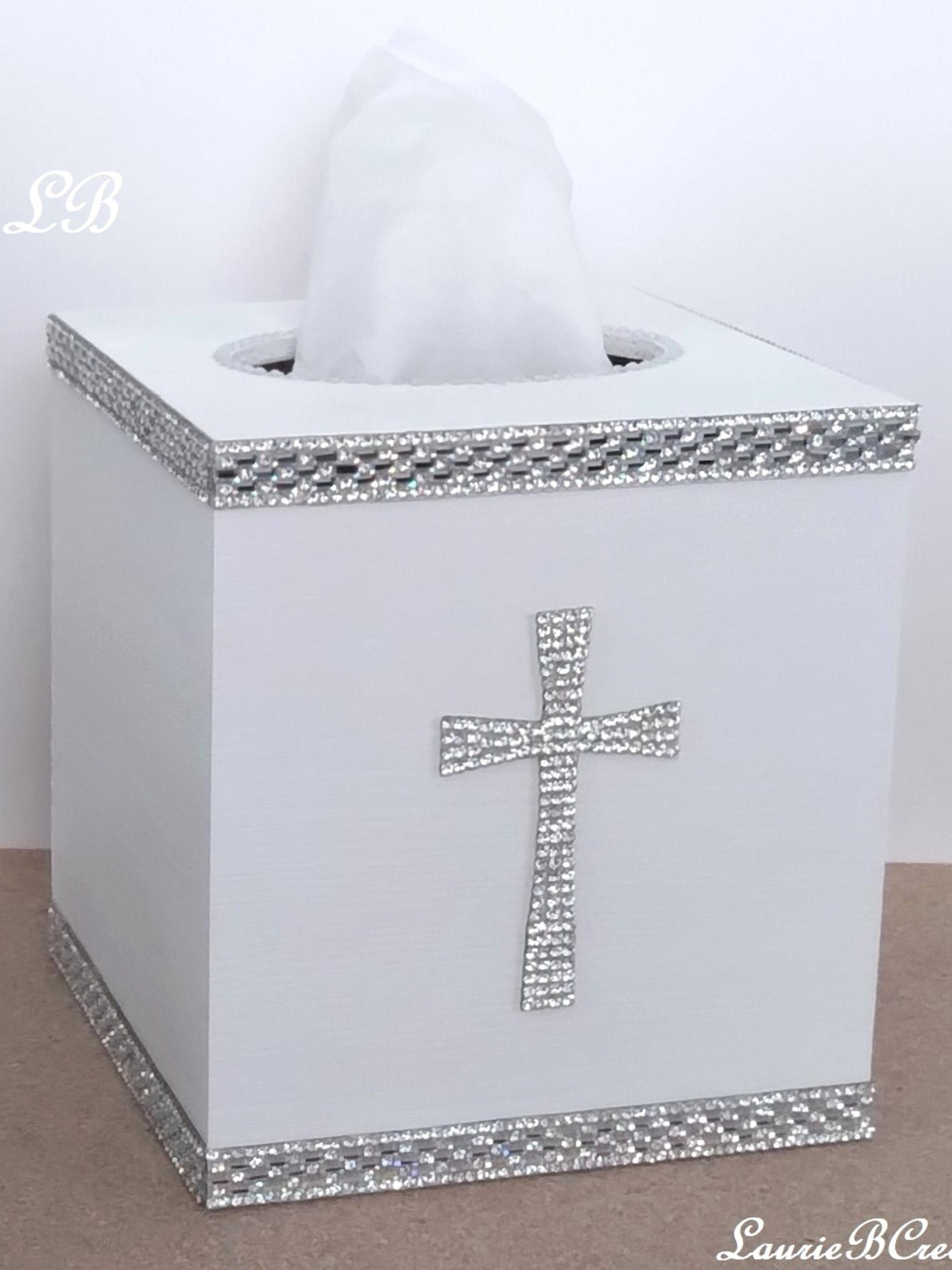 Bling Cross Tissue Box Cover - Handpainted with crystal rhinestone cross and crystal glass trim