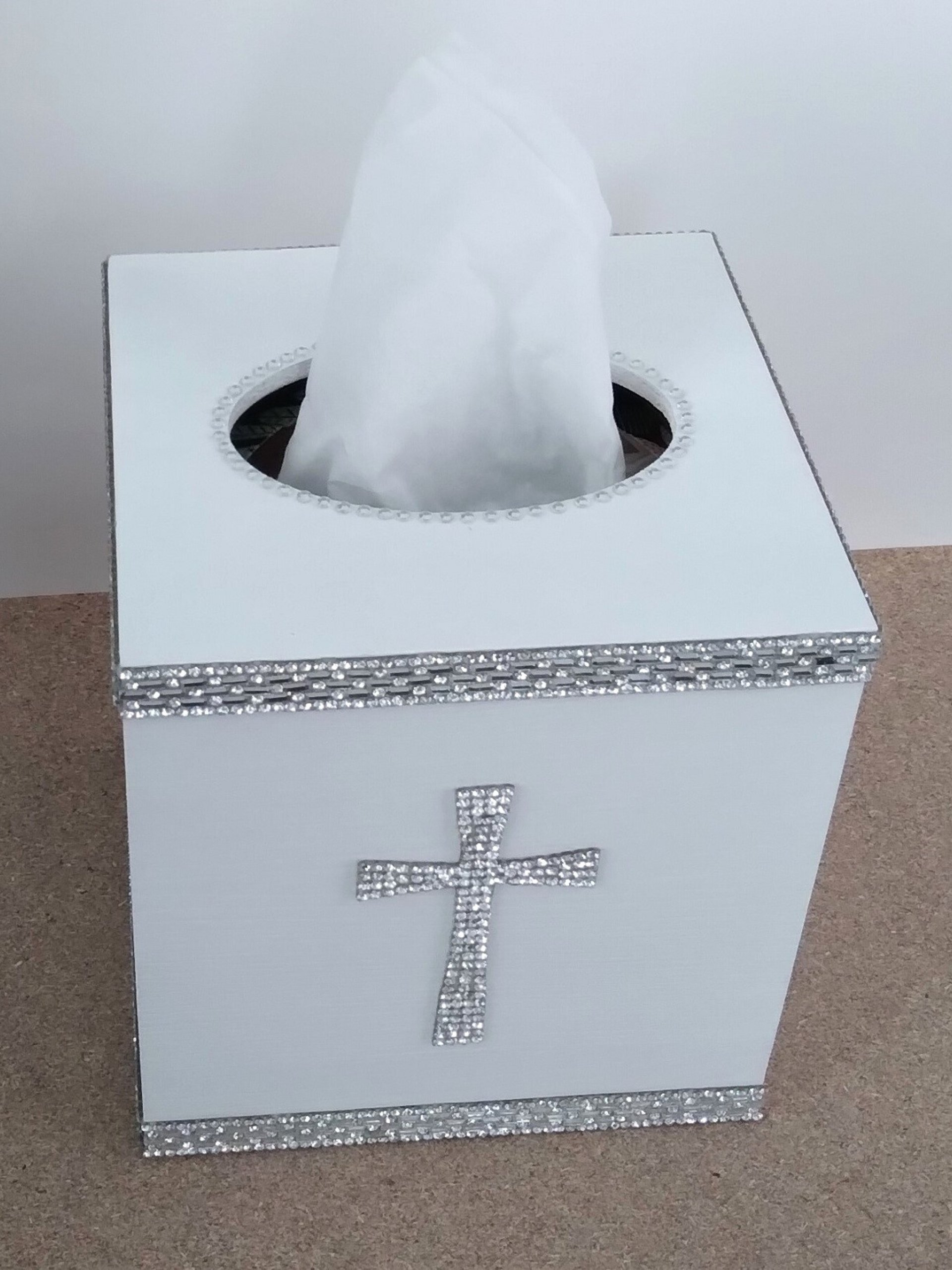 Bling Cross Tissue Box Cover - Handpainted with crystal rhinestone cross and crystal glass trim
