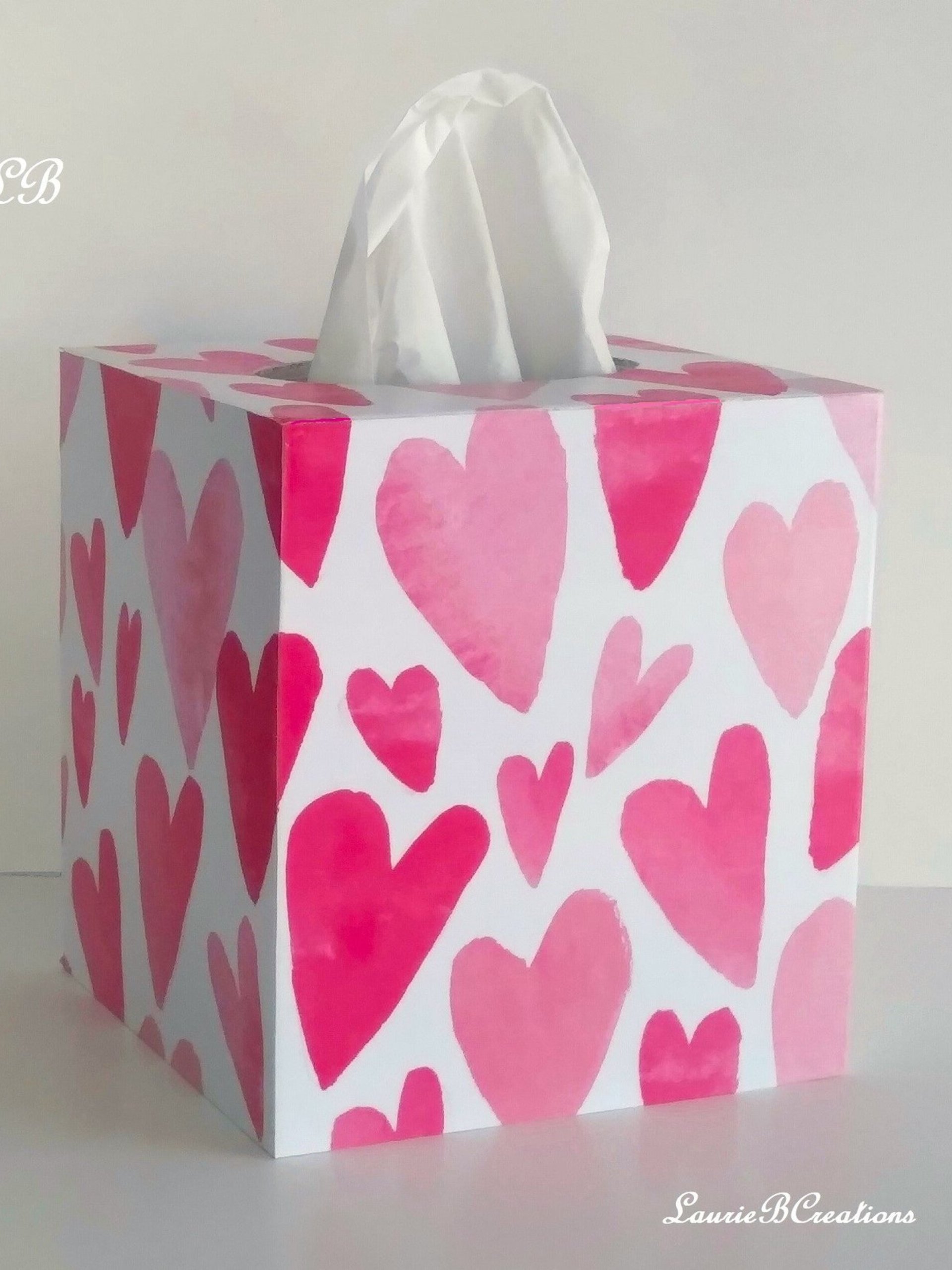 Hearts Tissue Box Cover - Decoupage square tissue holder, Valentines, Love
