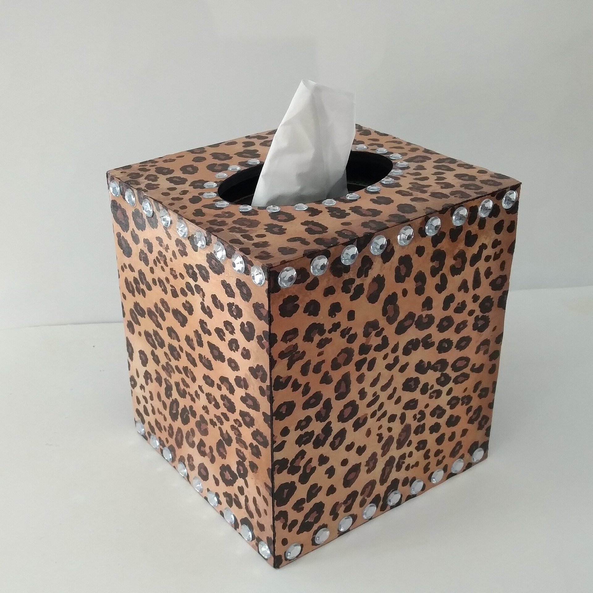 Animal Print & Bling Tissue Box Cover - Decoupage Tissue Holder with Cheetah/Leopard Design and Clear Rhinestones 
