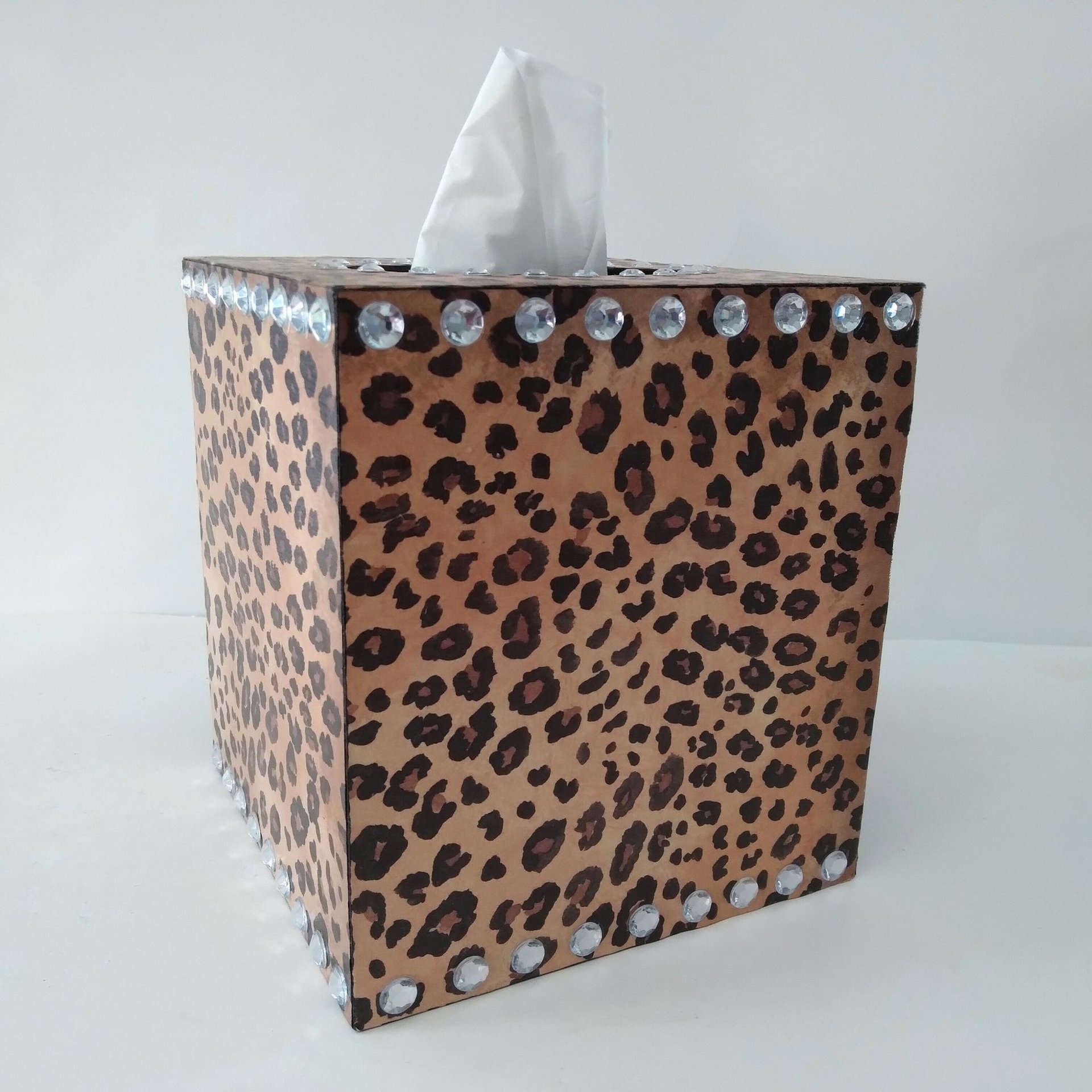 Animal Print & Bling Tissue Box Cover - Decoupage Tissue Holder with Cheetah/Leopard Design and Clear Rhinestones 