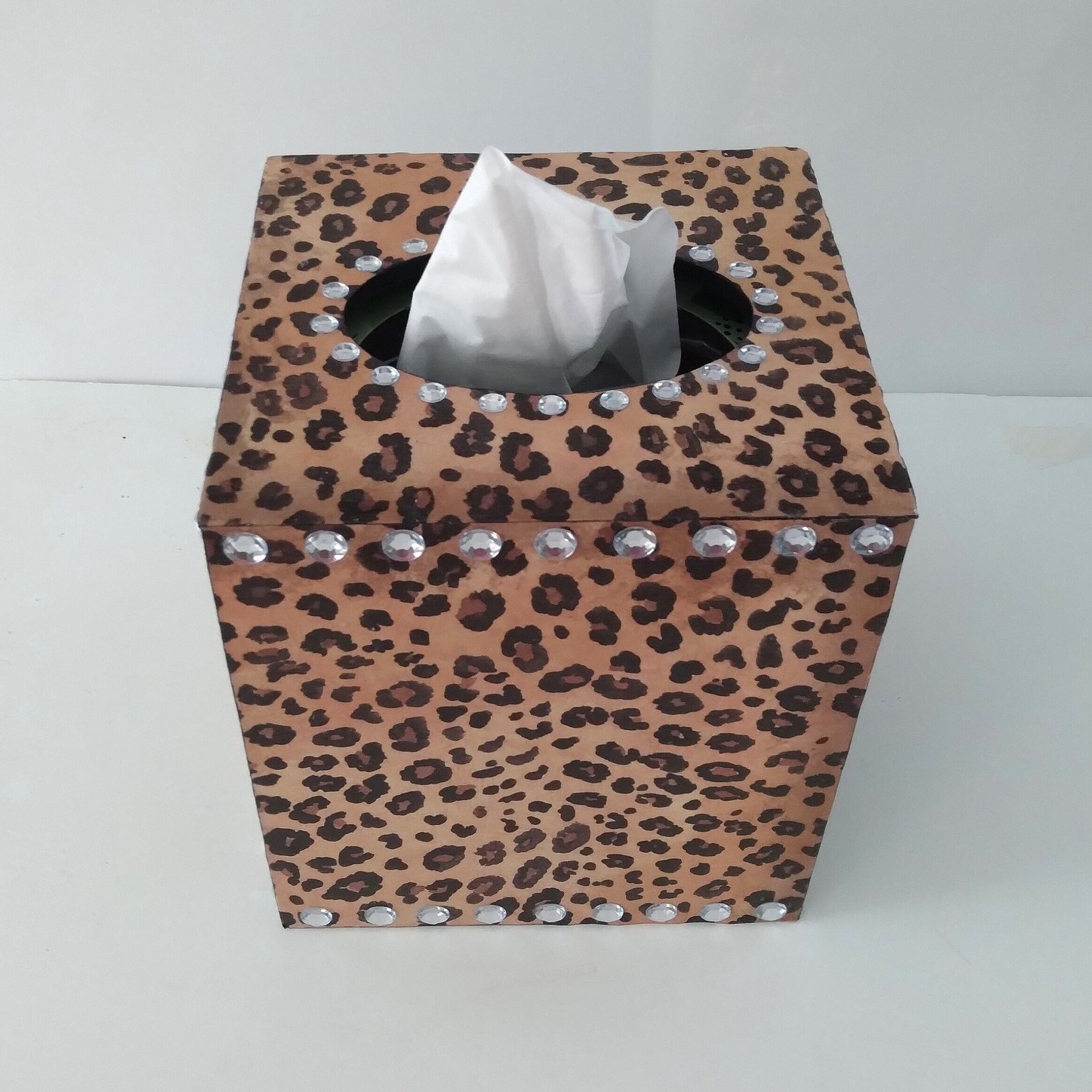 Animal Print & Bling Tissue Box Cover - Decoupage Tissue Holder with Cheetah/Leopard Design and Clear Rhinestones 