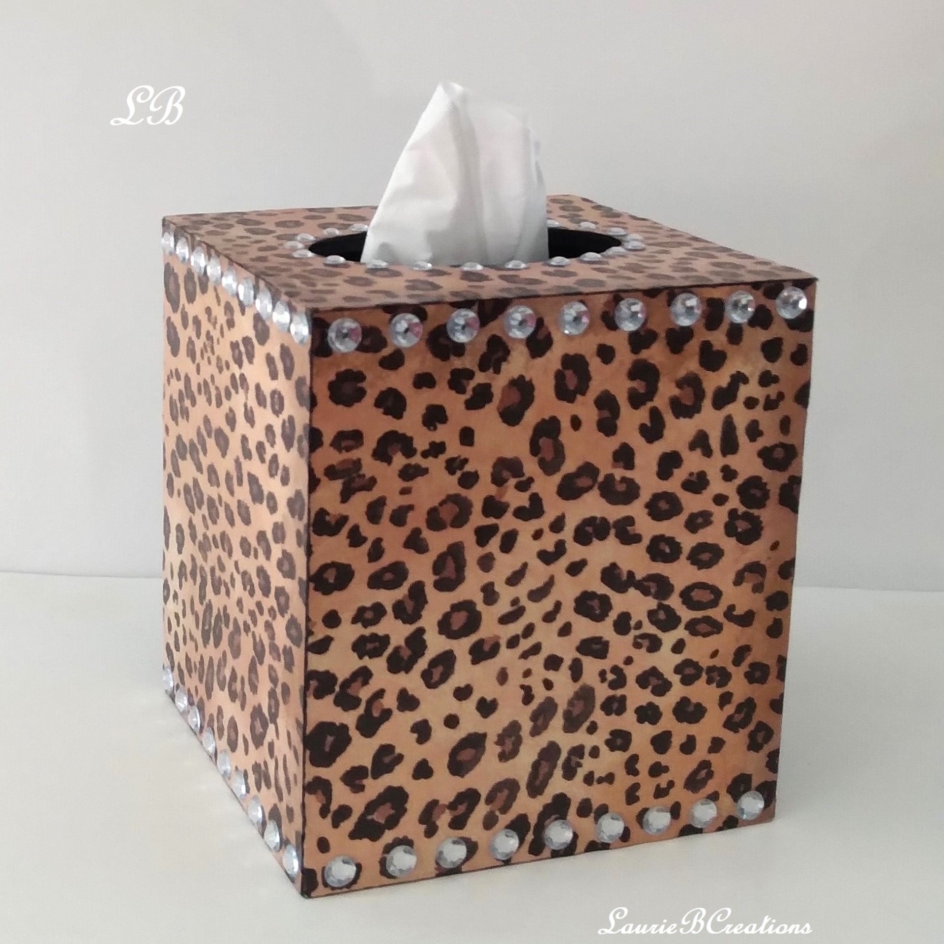 Animal Print & Bling Tissue Box Cover - Decoupage Tissue Holder with Cheetah/Leopard Design and Clear Rhinestones 