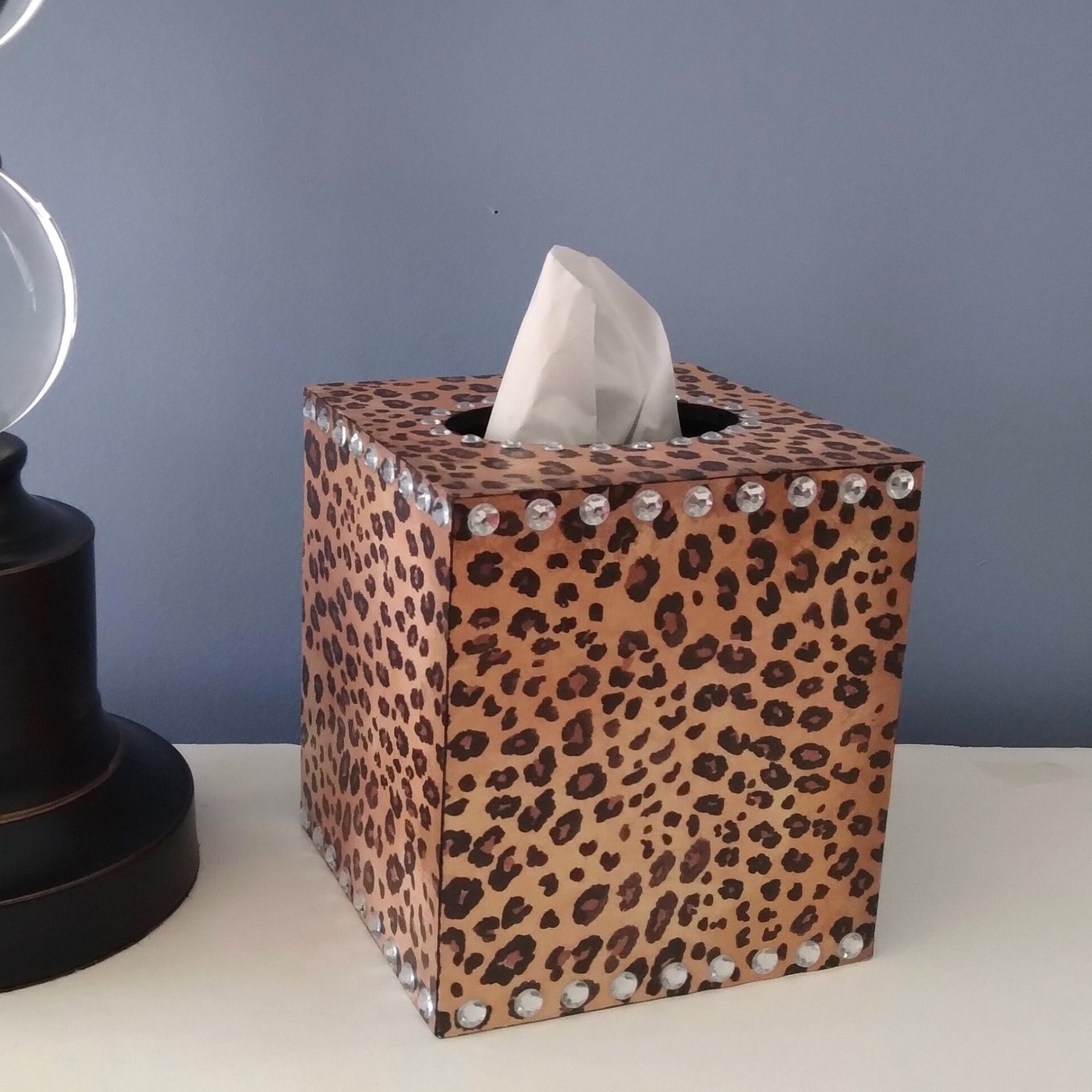 Animal Print & Bling Tissue Box Cover - Decoupage Tissue Holder with Cheetah/Leopard Design and Clear Rhinestones 
