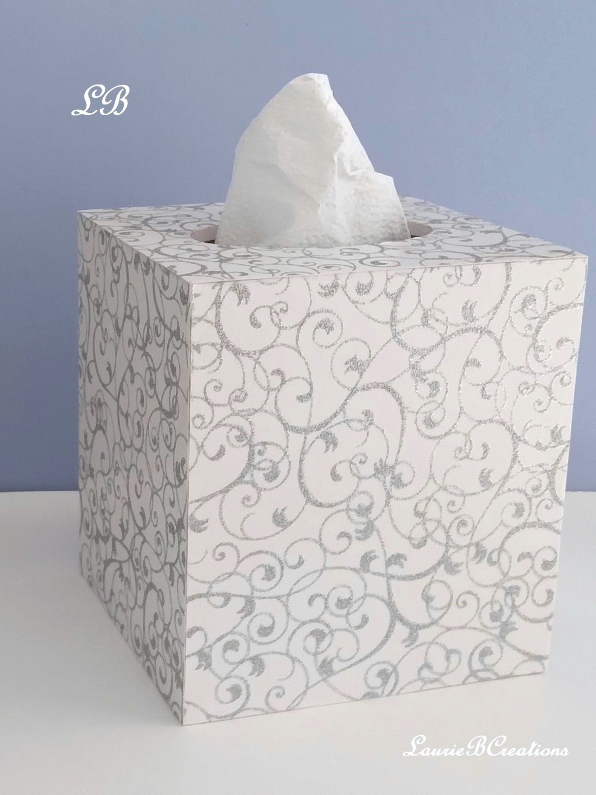 White & Silver Swirl Tissue Box Cover-White w/Sparkling Silver Glitter Swirls,Square Tissue Holder