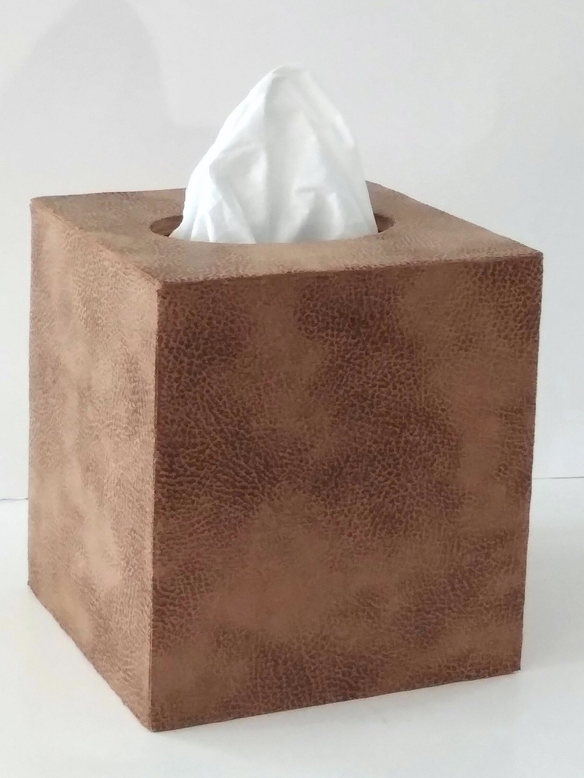 Brown Faux Suede Tissue Box Cover - Light and dark brown microsuede leather with distressed effect