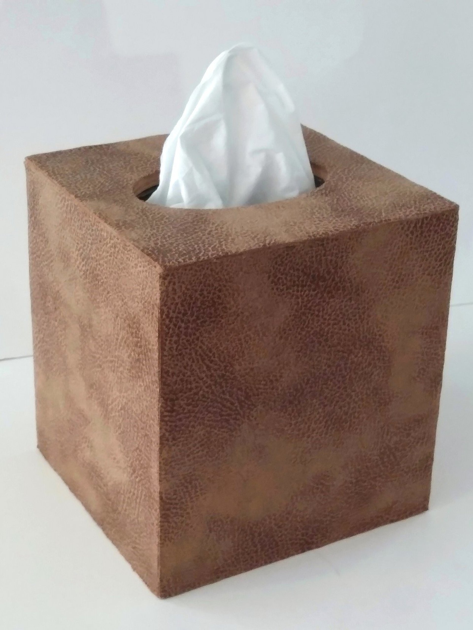 Brown Faux Suede Tissue Box Cover - Light and dark brown microsuede leather with distressed effect