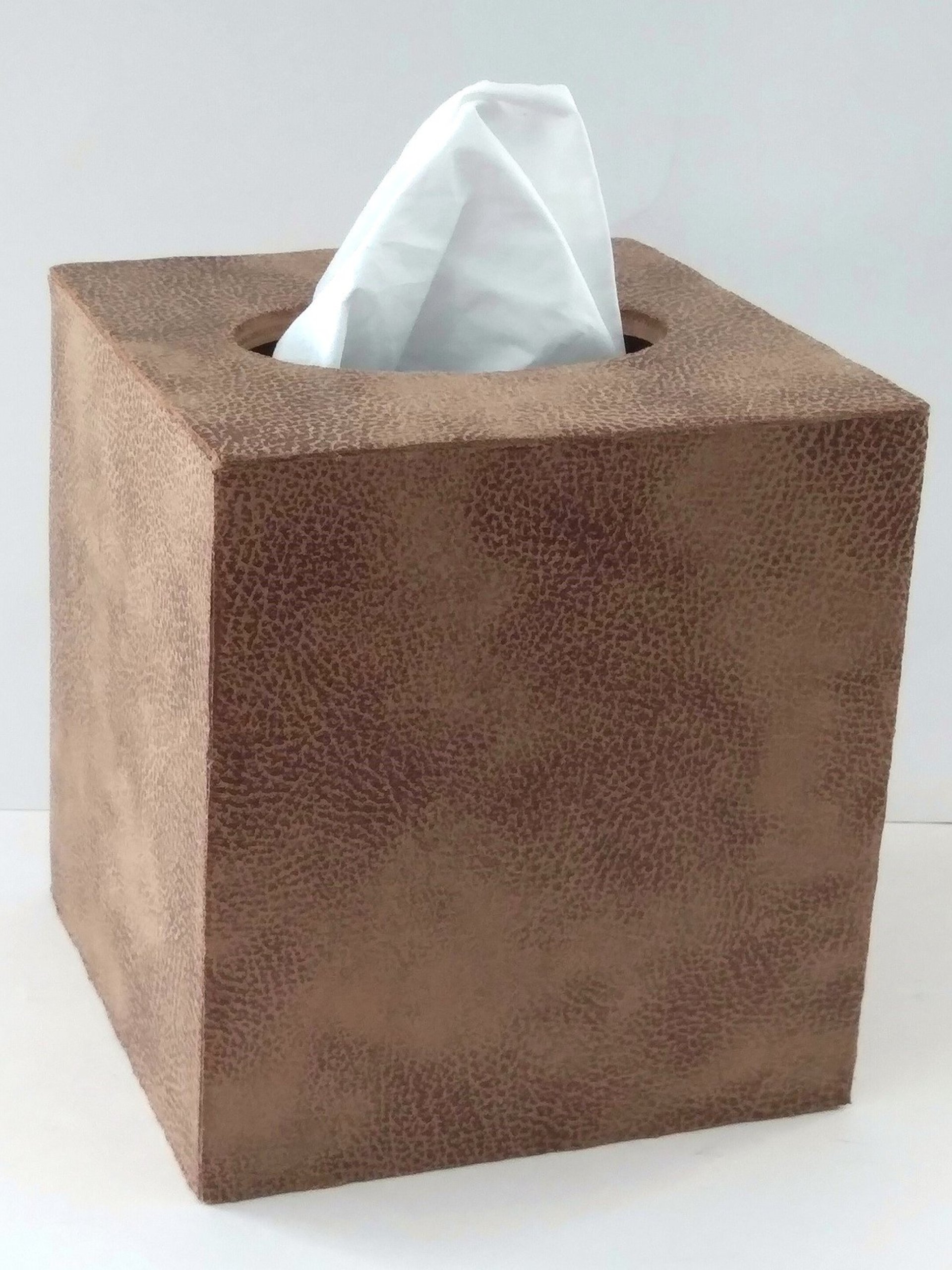 Brown Faux Suede Tissue Box Cover - Light and dark brown microsuede leather with distressed effect