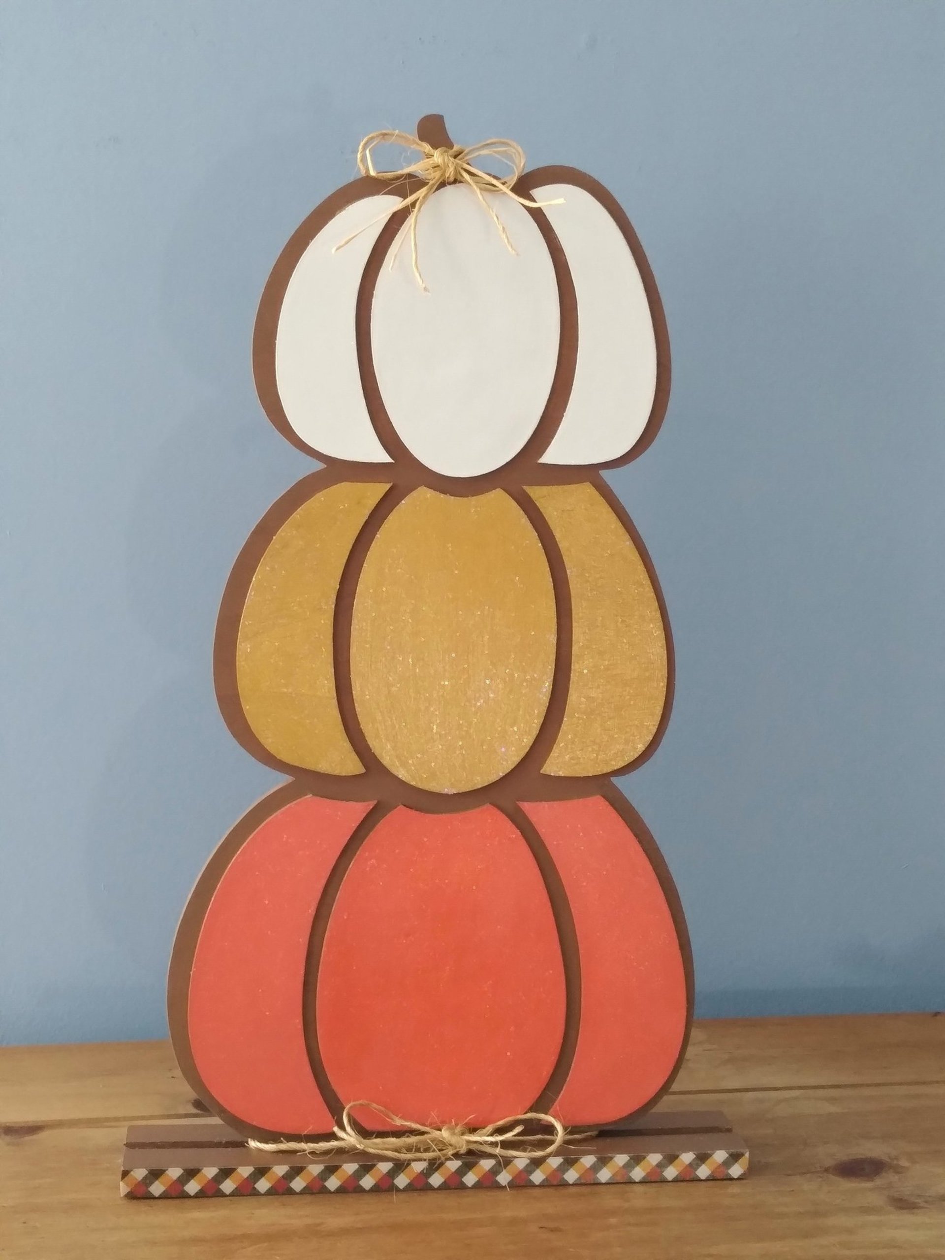Stacked Wood Pumpkins - Handpainted Fall decor in brown with colorful sparkling pumpkins, Thanksgiving