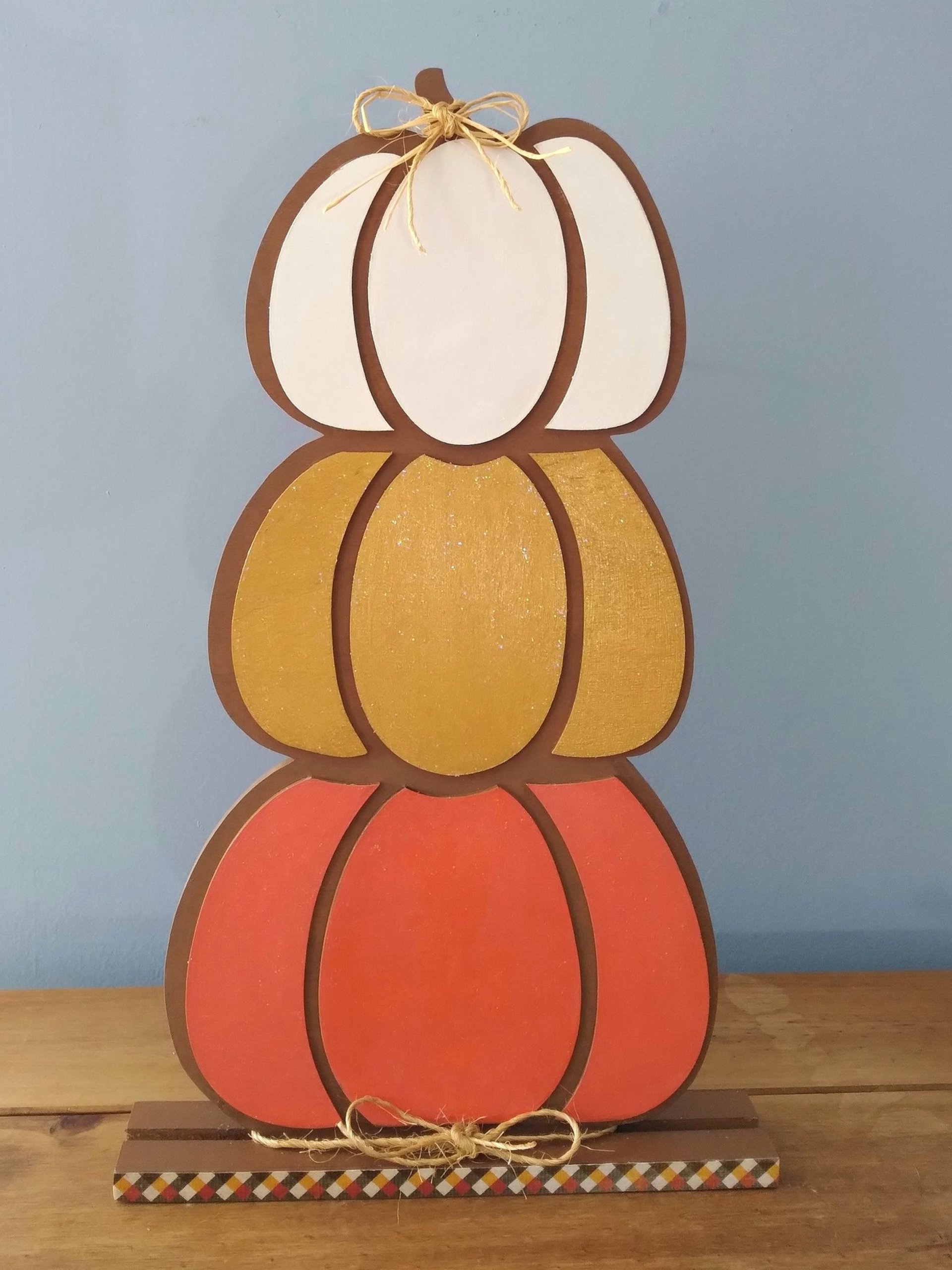 Stacked Wood Pumpkins - Handpainted Fall decor in brown with colorful sparkling pumpkins, Thanksgiving
