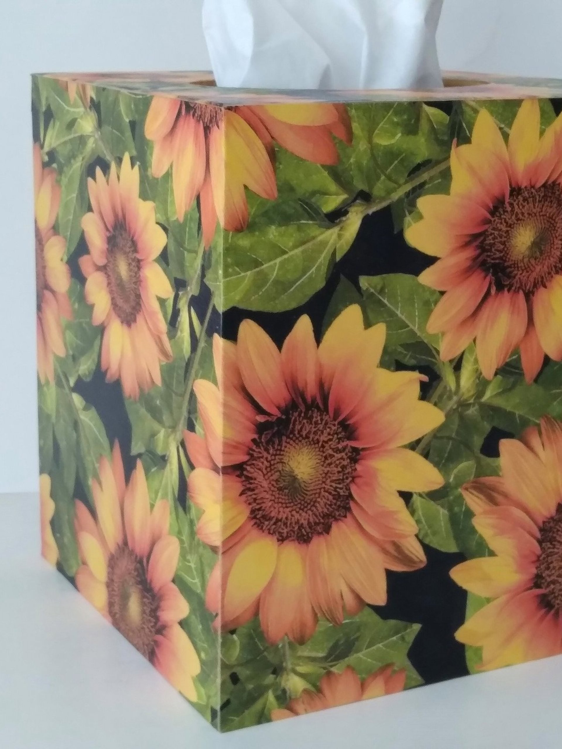 Sunflower Tissue Box Cover - Decoupage with golden yellow flowers, green leaves and black background