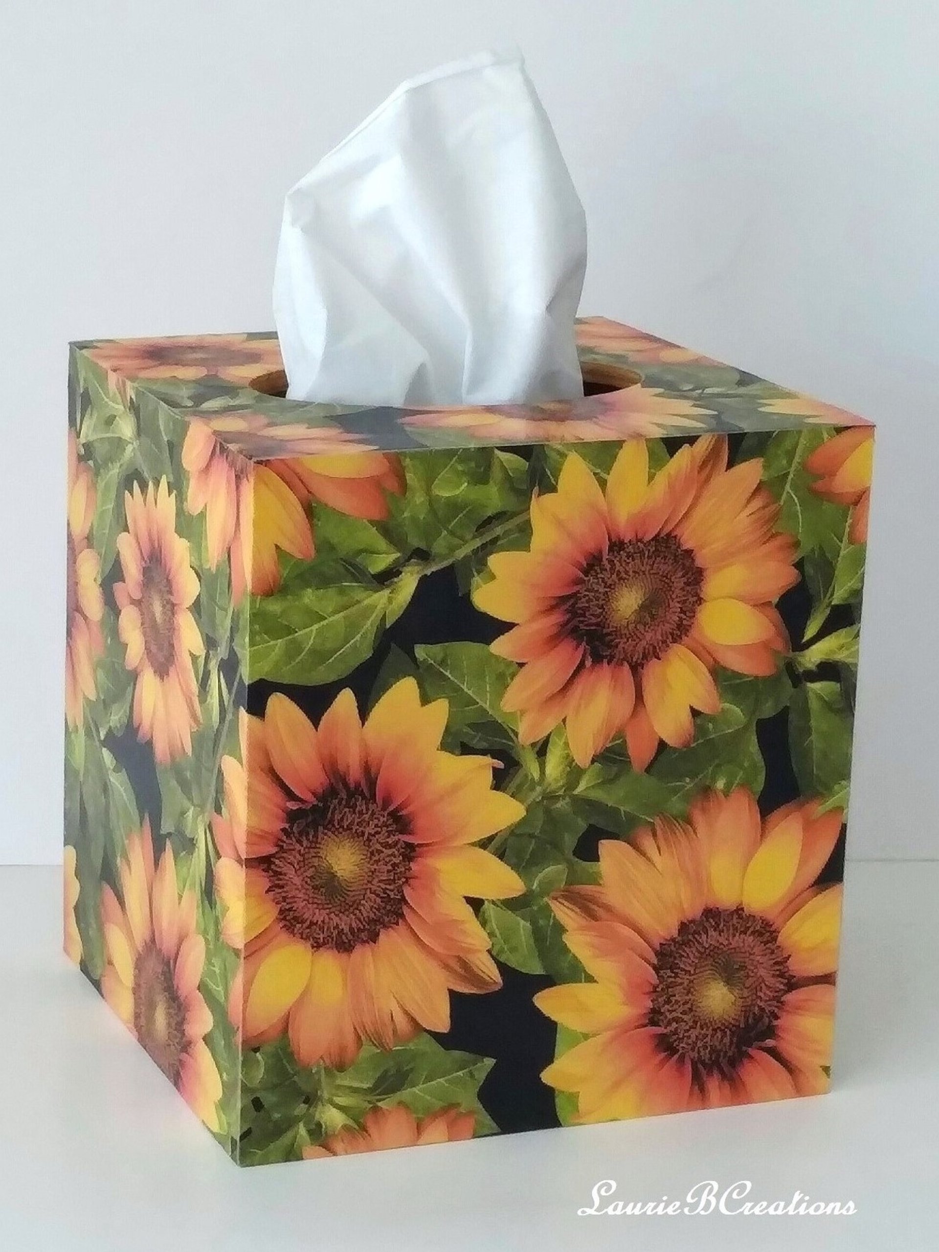 Sunflower Tissue Box Cover - Decoupage with golden yellow flowers, green leaves and black background