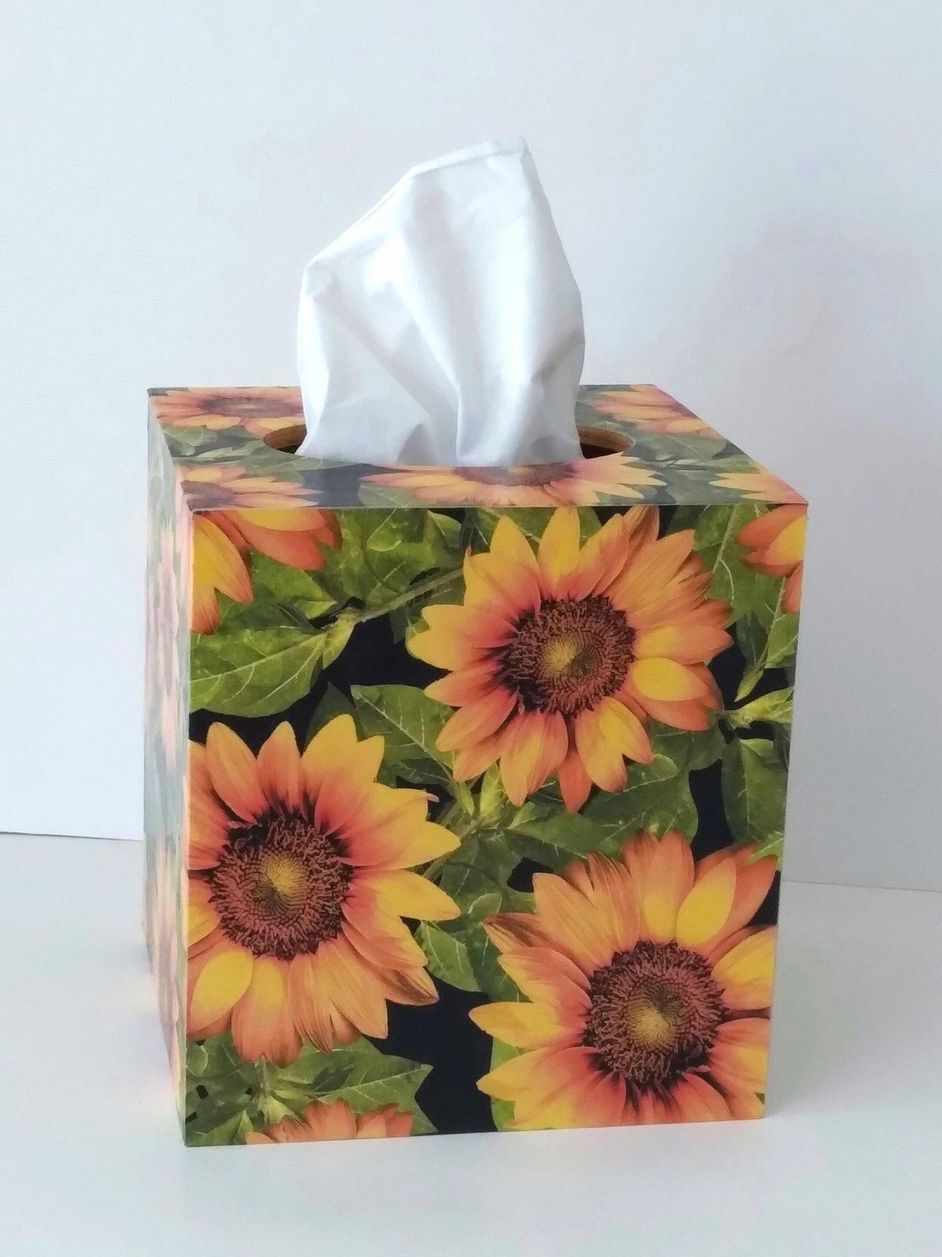Sunflower Tissue Box Cover - Decoupage with golden yellow flowers, green leaves and black background