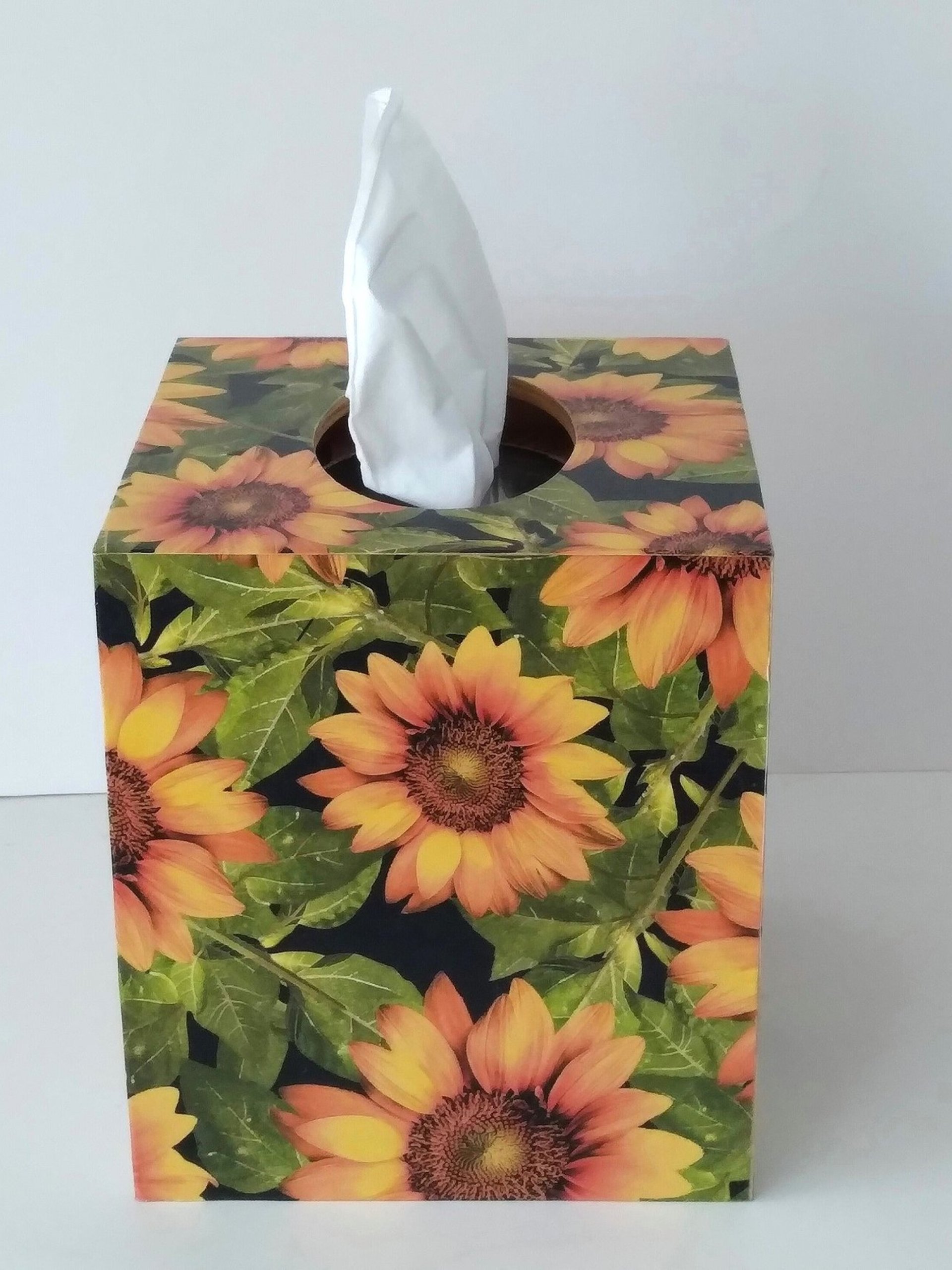 Sunflower Tissue Box Cover - Decoupage with golden yellow flowers, green leaves and black background