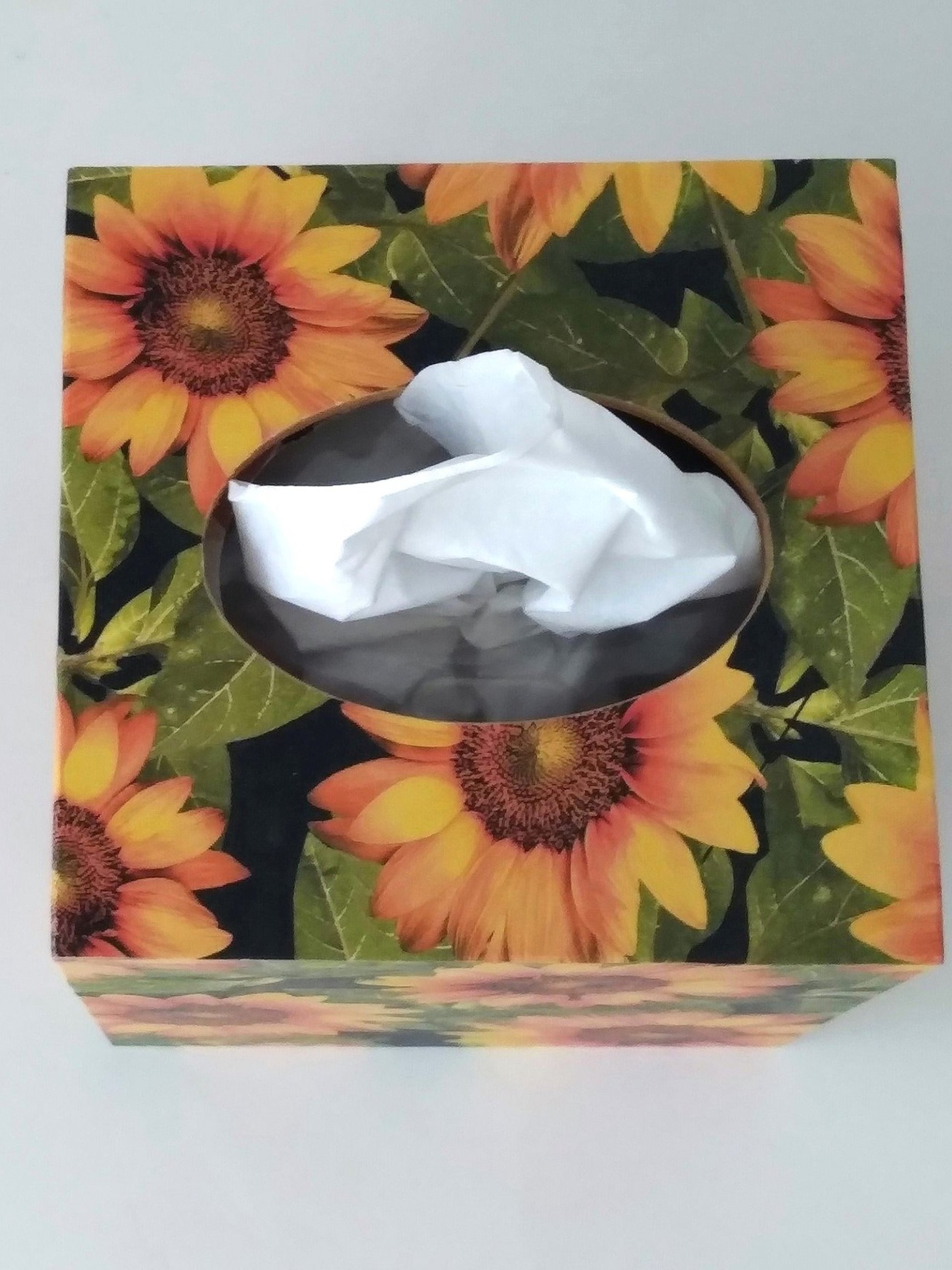 Sunflower Tissue Box Cover - Decoupage with golden yellow flowers, green leaves and black background