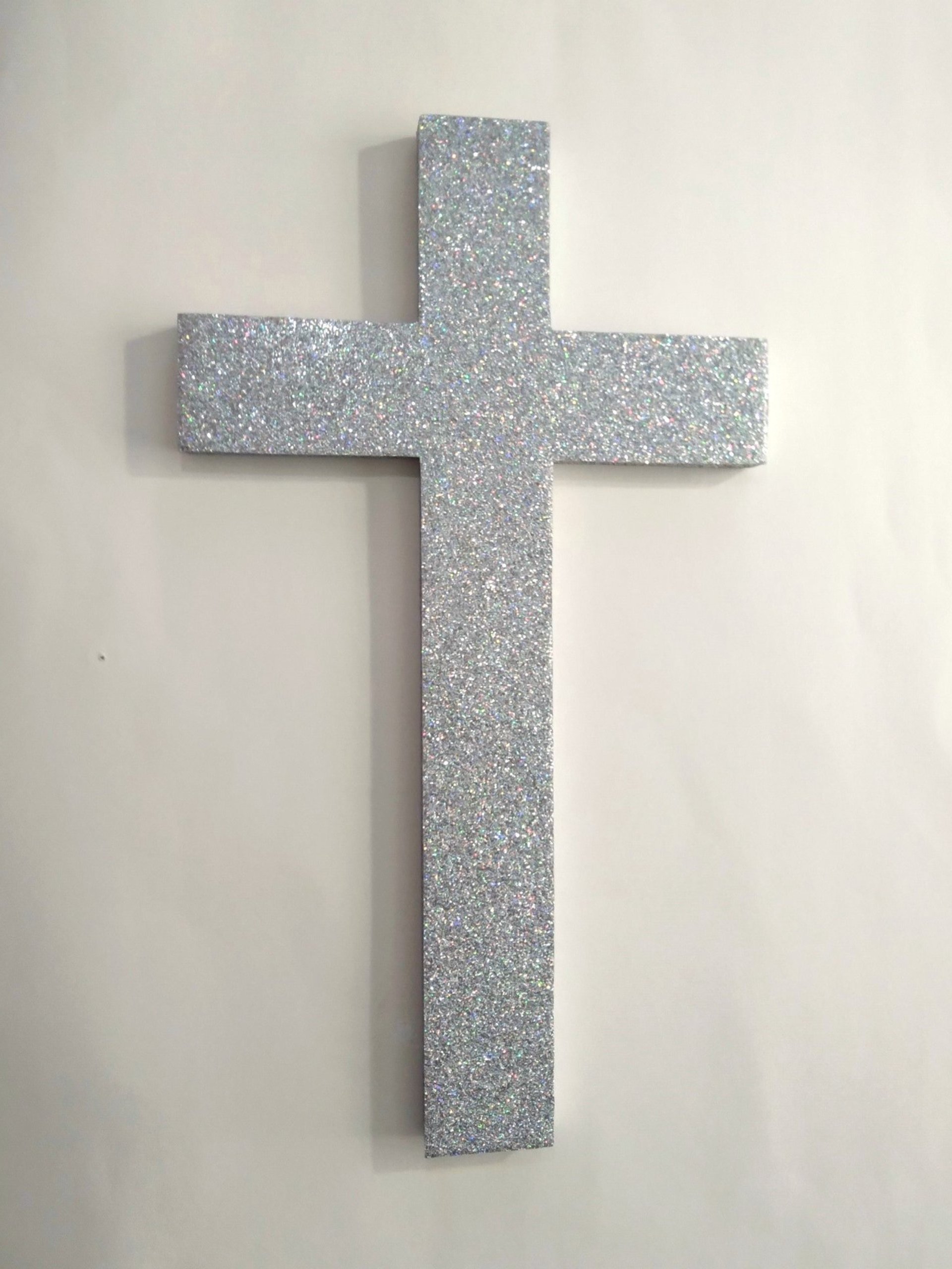 Iridescent Silver Glitter Wall Cross- Decorative fine glitter cross, 9.5" or 12"