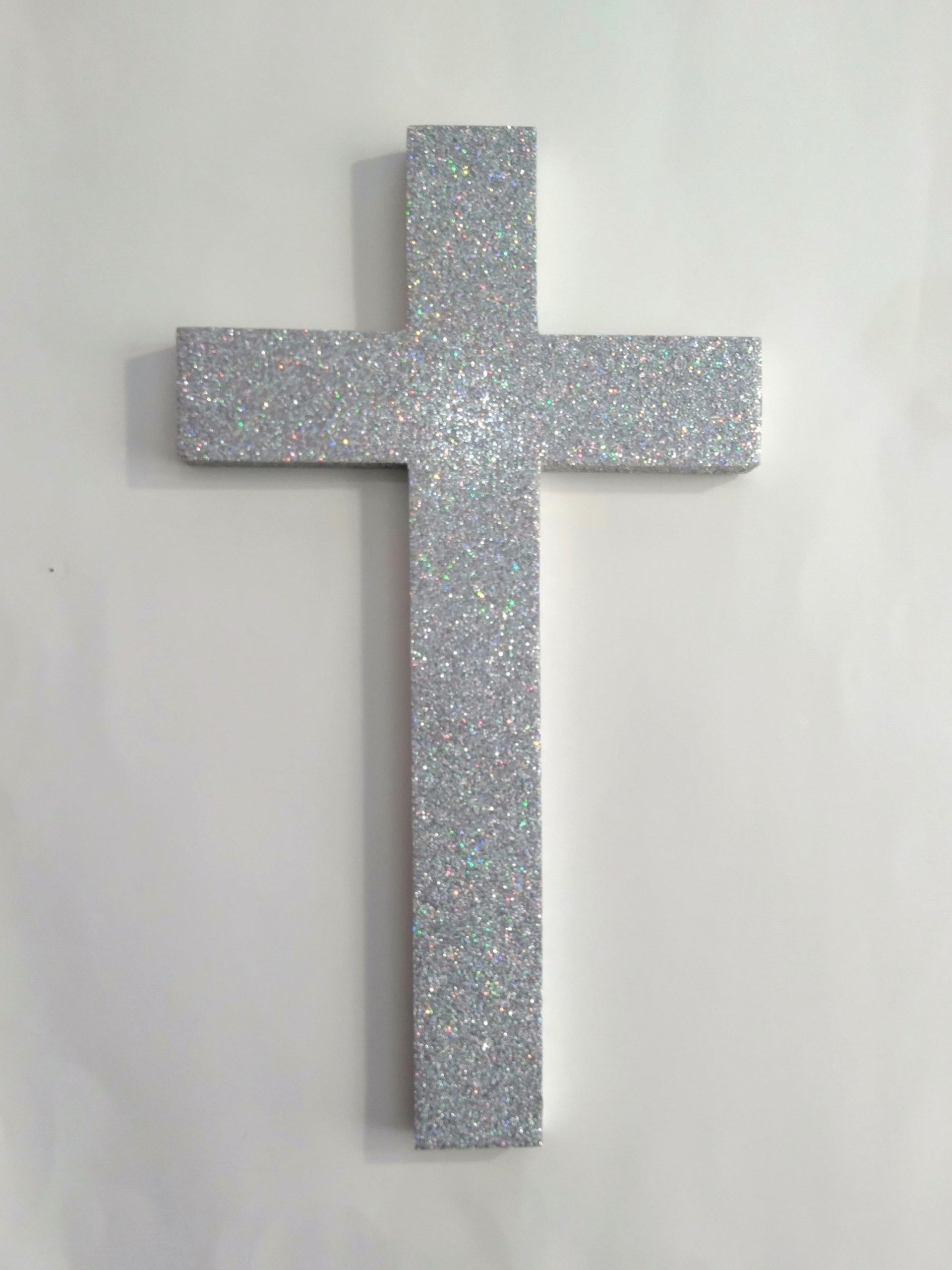 Iridescent Silver Glitter Wall Cross- Decorative fine glitter cross, 9.5" or 12"