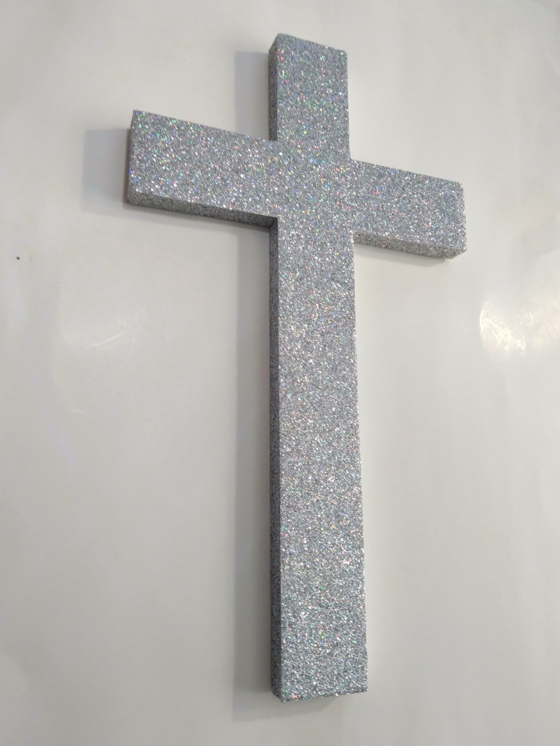 Iridescent Silver Glitter Wall Cross- Decorative fine glitter cross, 9.5" or 12"