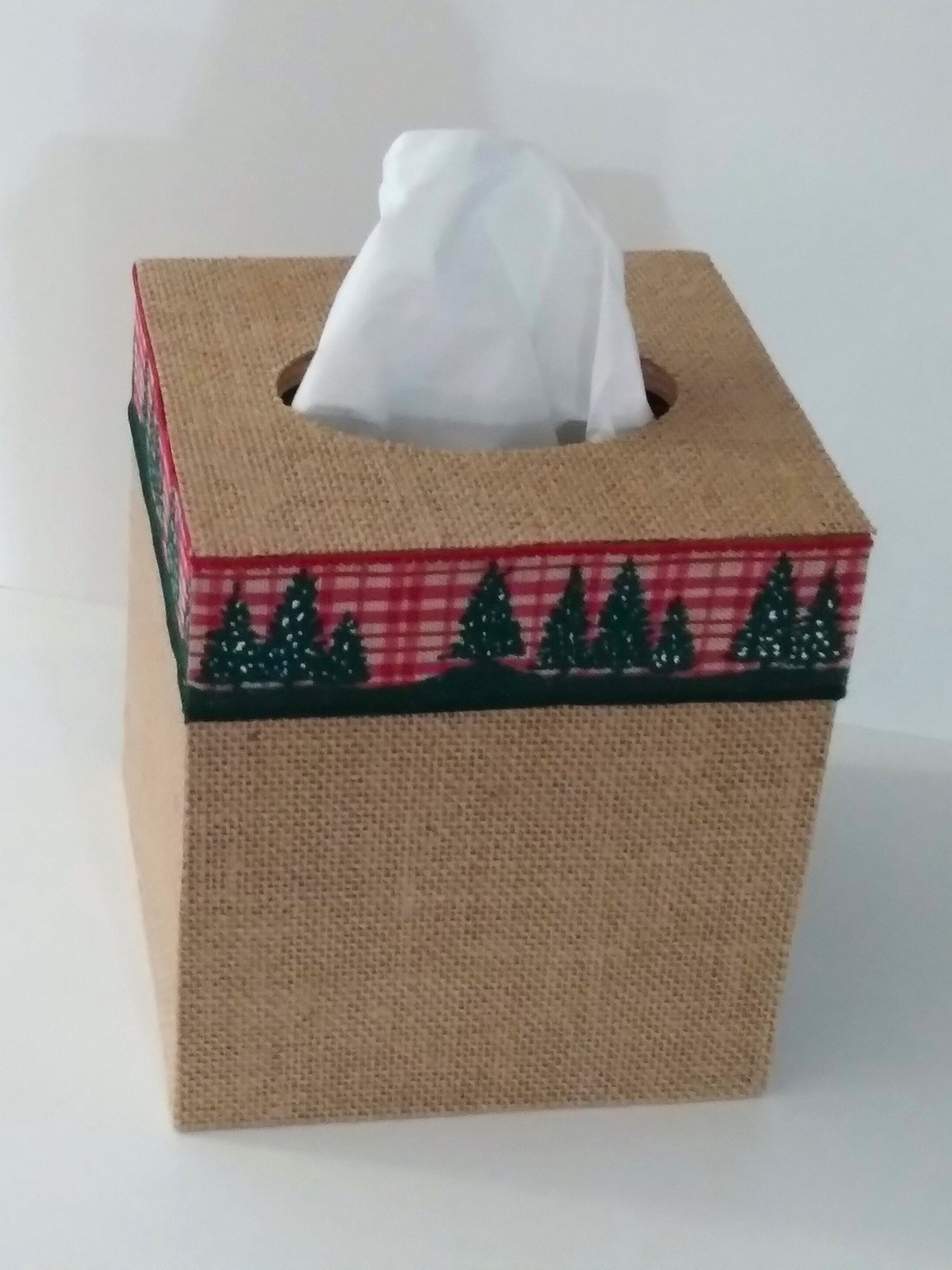 Burlap & Christmas Trees Tissue Box Cover - Square burlap tissue holder with red and green holiday trim