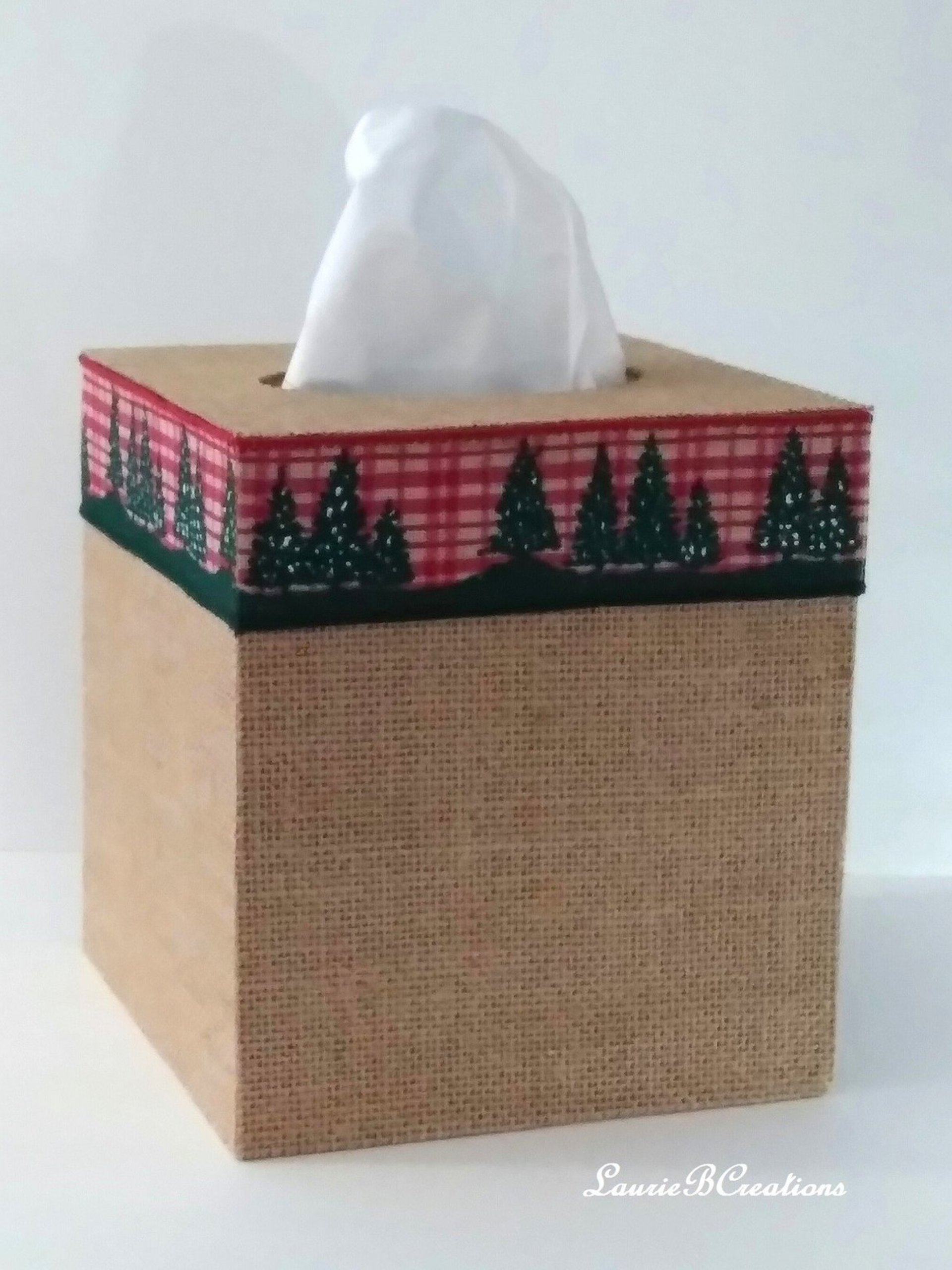 Burlap & Christmas Trees Tissue Box Cover - Square burlap tissue holder with red and green holiday trim