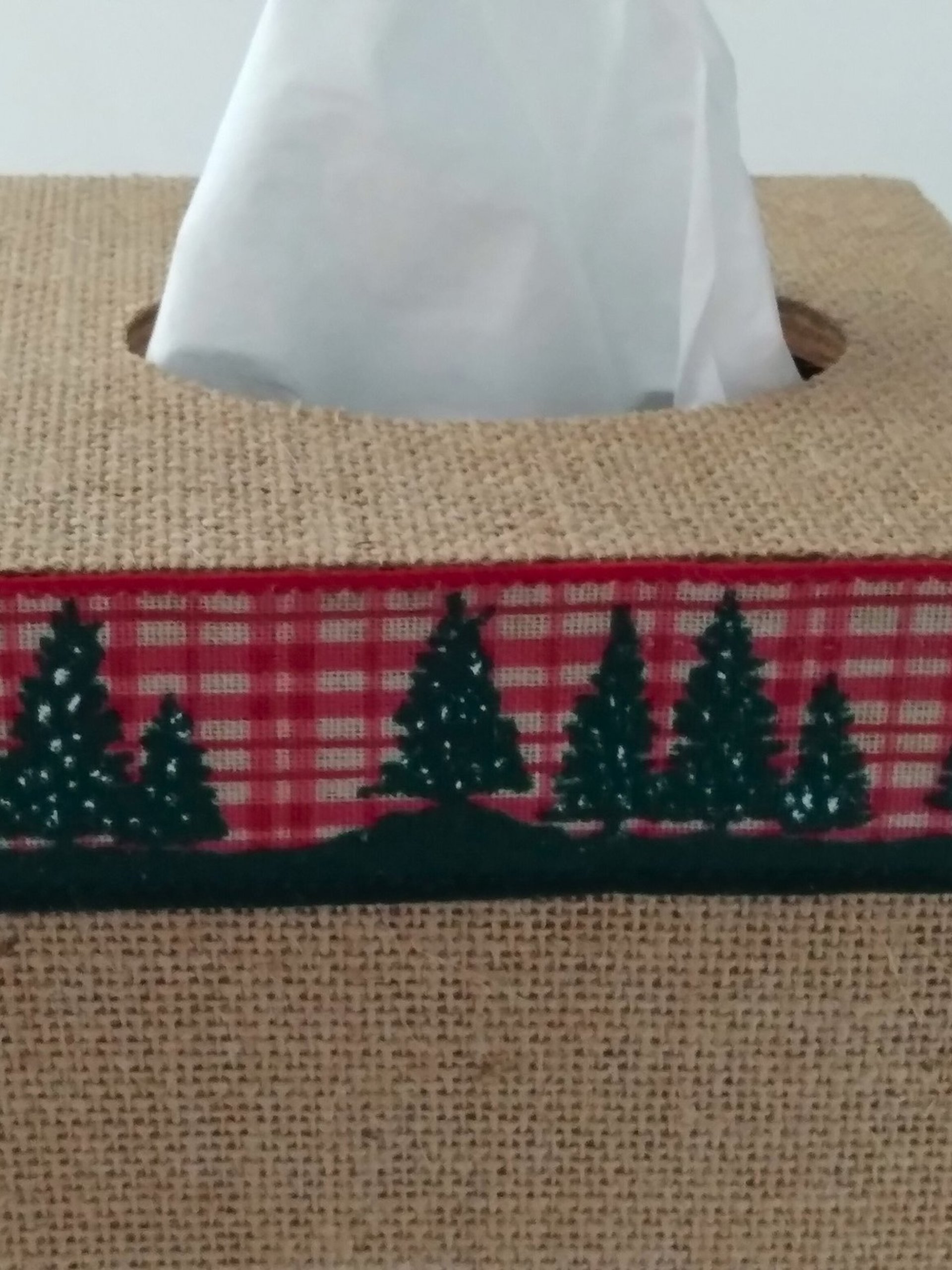 Burlap & Christmas Trees Tissue Box Cover - Square burlap tissue holder with red and green holiday trim