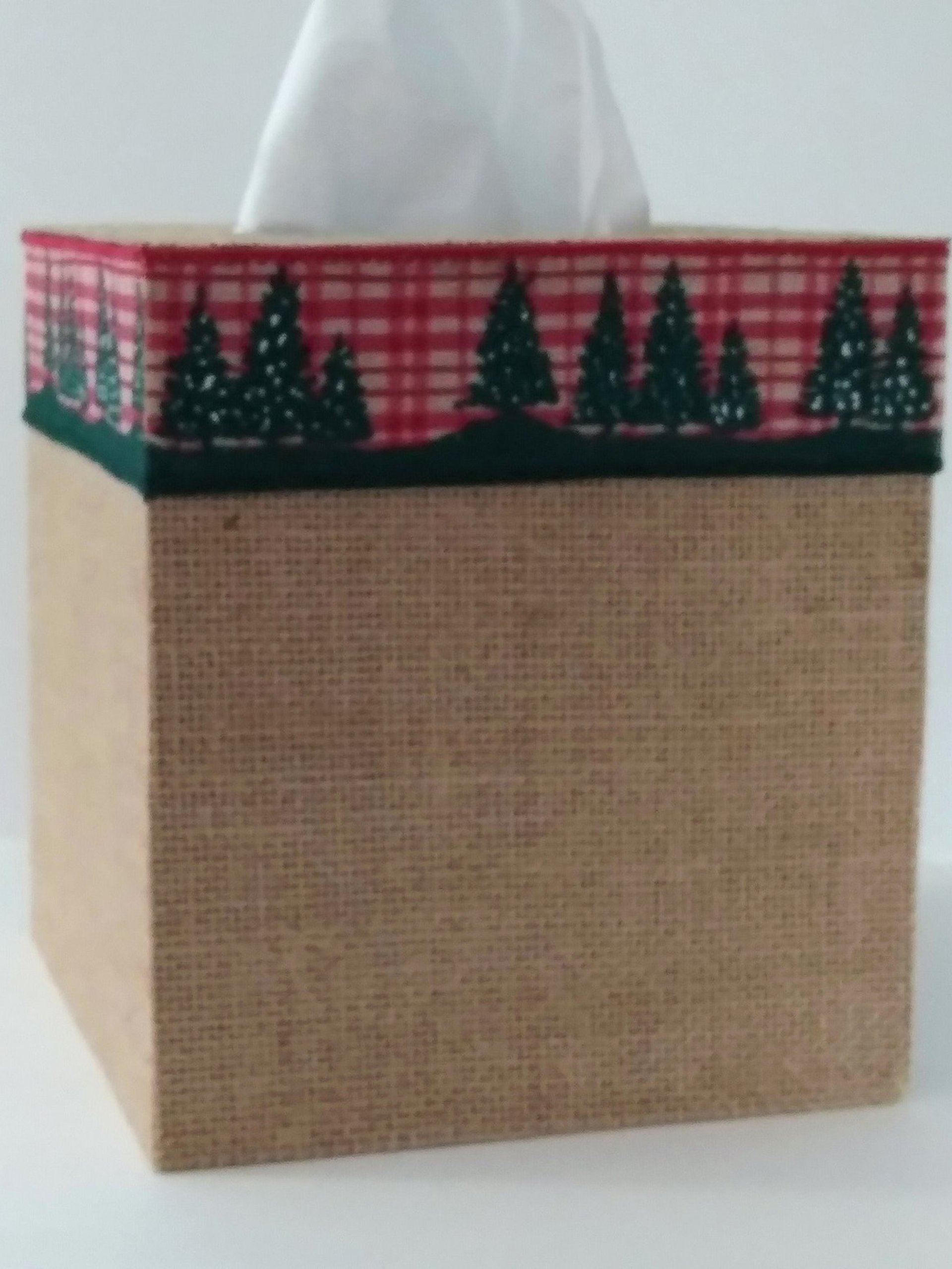 Burlap & Christmas Trees Tissue Box Cover - Square burlap tissue holder with red and green holiday trim