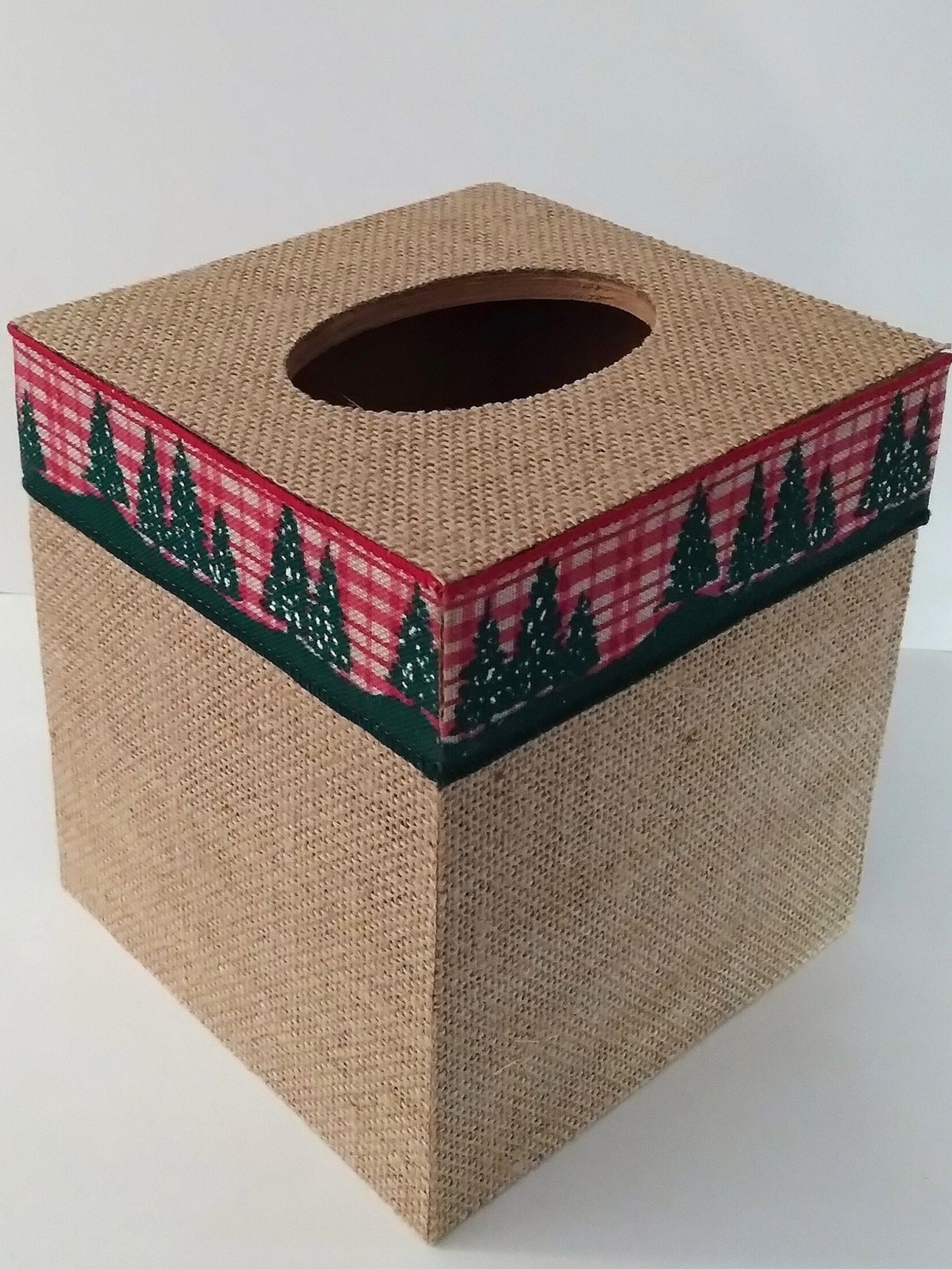 Burlap & Christmas Trees Tissue Box Cover - Square burlap tissue holder with red and green holiday trim