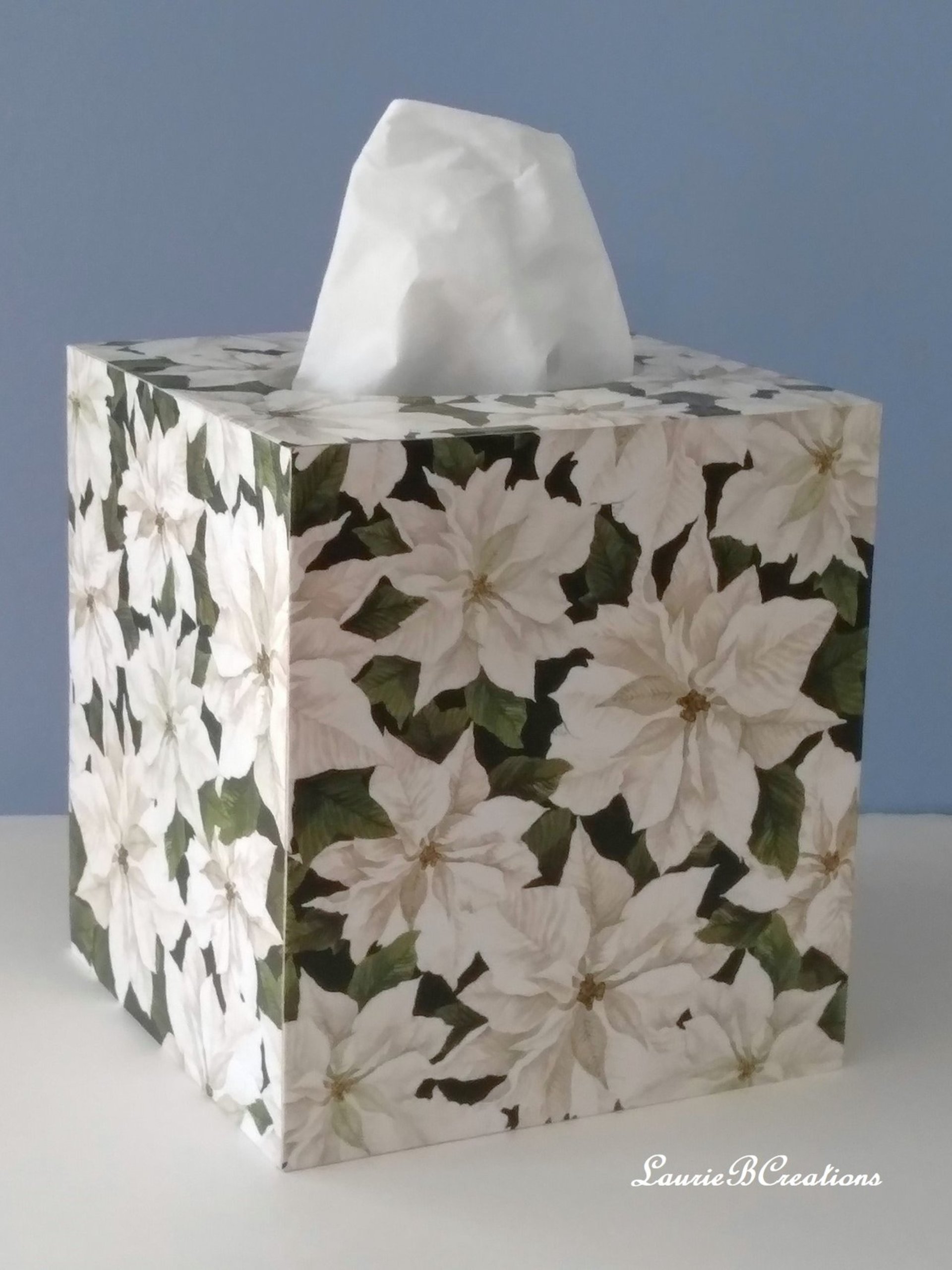 White Poinsettias Tissue Box Cover - Decoupage square tissue holder with winter flowers and leaves